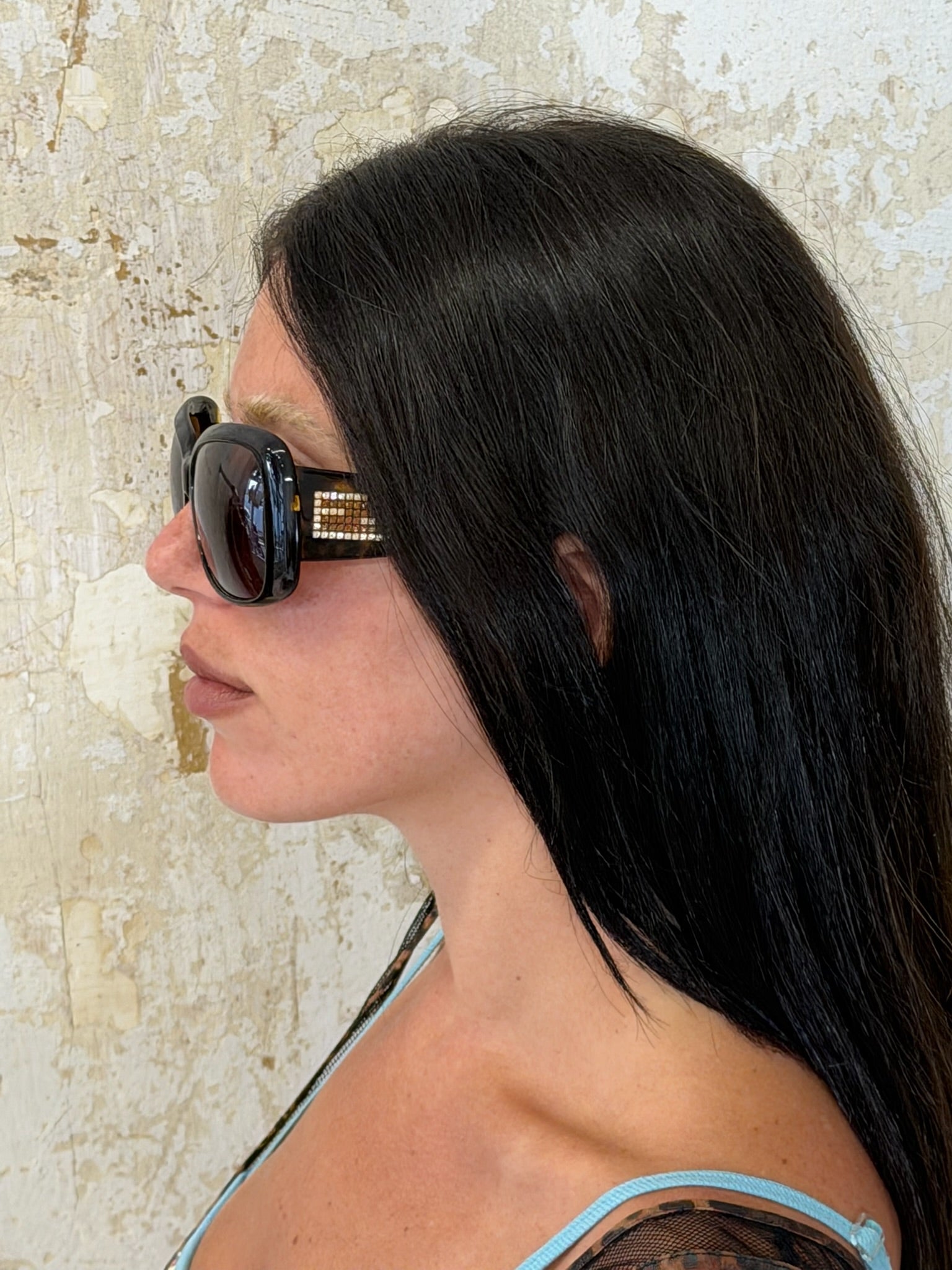 FENDI WIDE TORTOISESHELL SUNGLASSES WITH RHINESTONE F LOGO