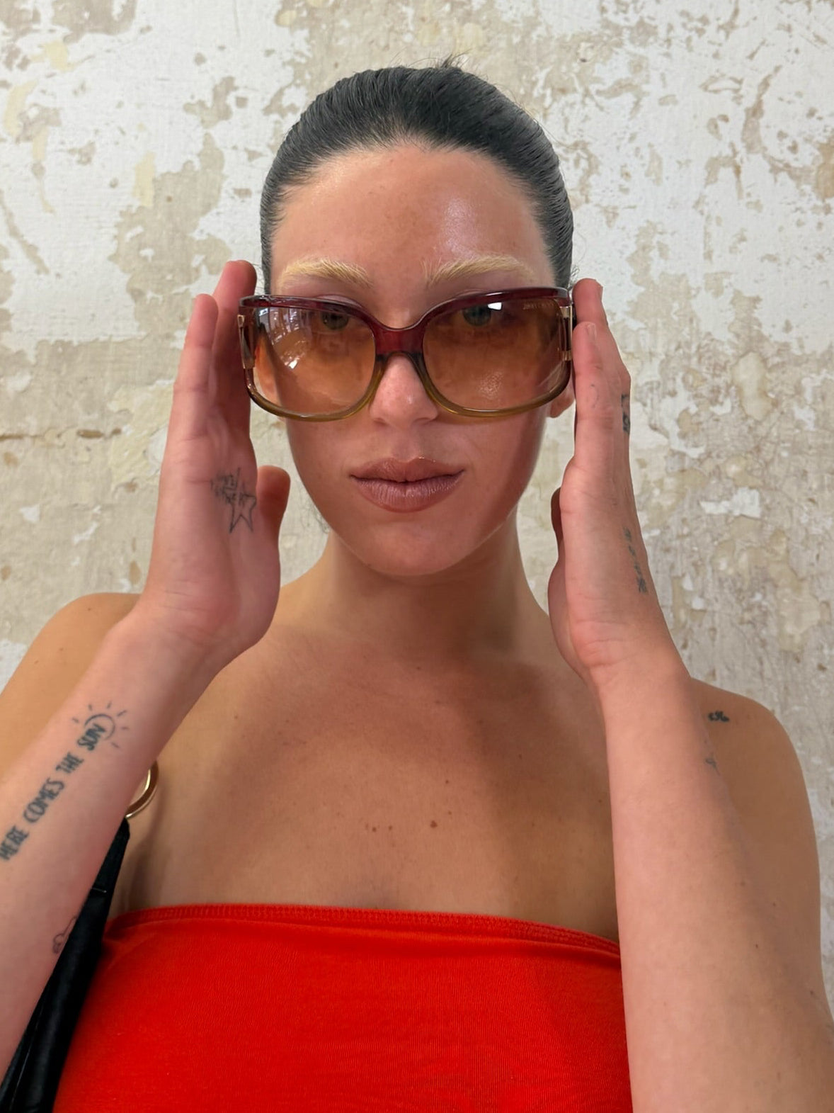 JIMMY CHOO OVERSIZED BROWN SUNGLASSES WITH BELT INSPIRED TEMPLE DETAILS