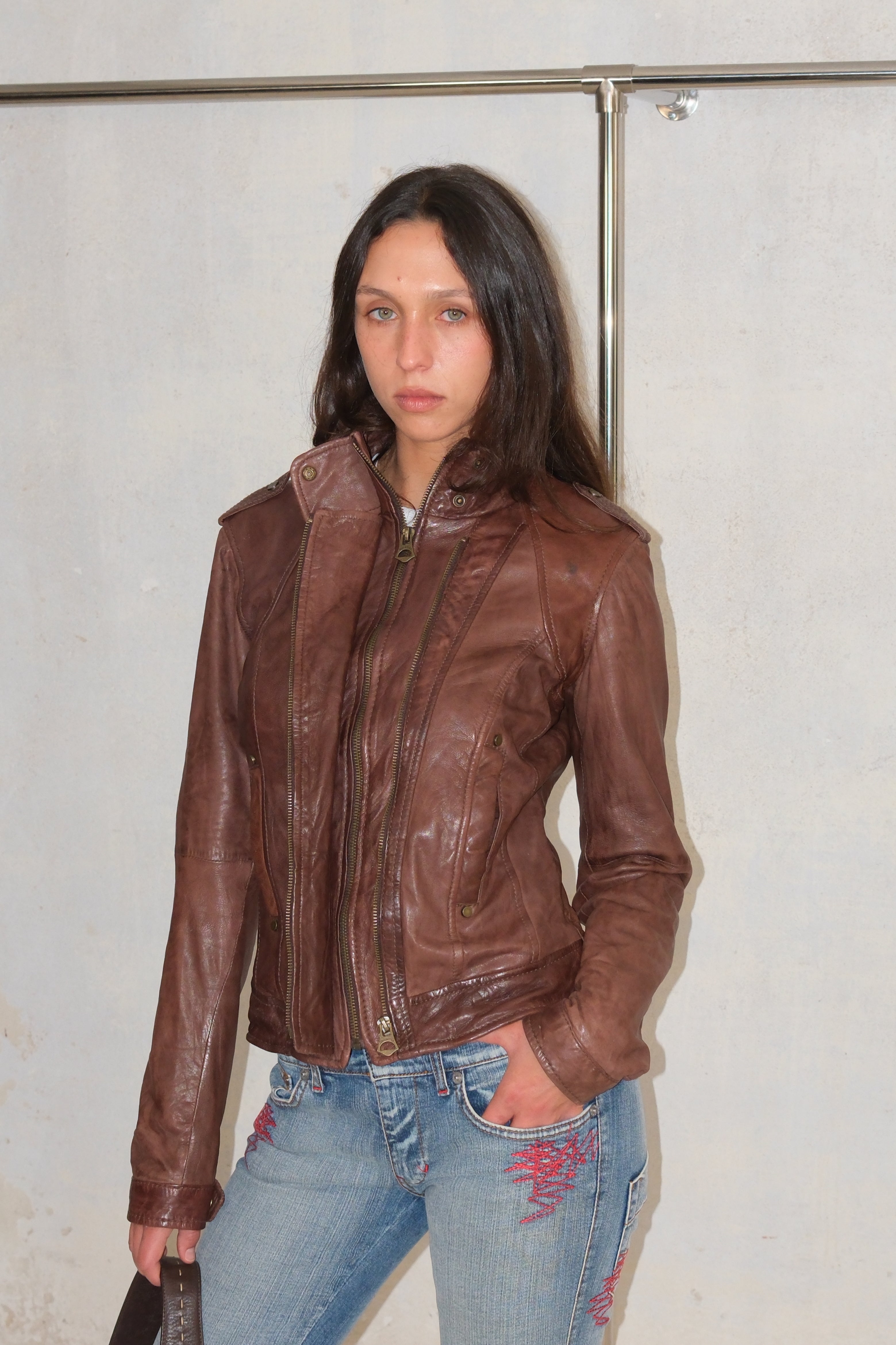Two Zippers Brown Cropped Leather Jacket