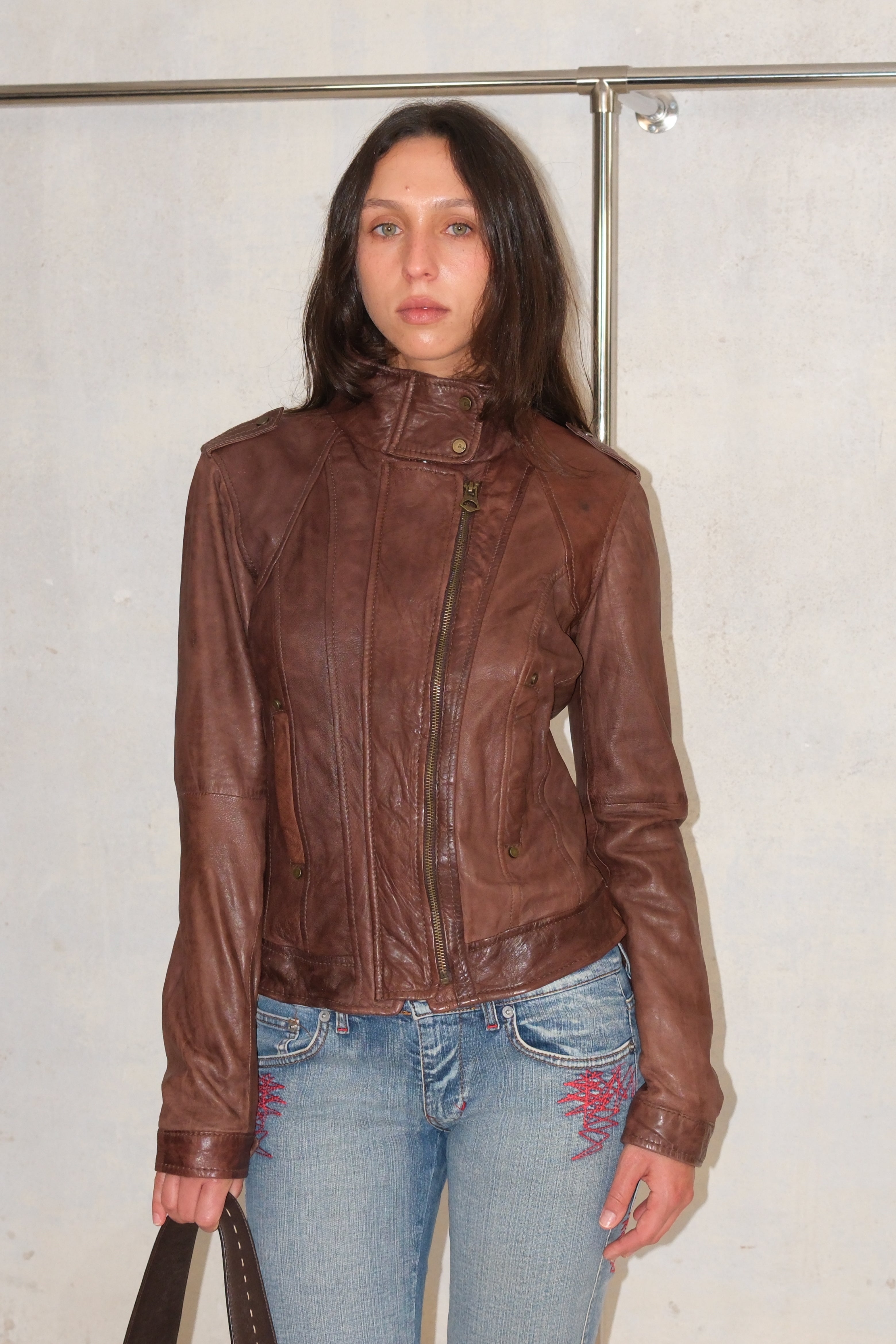 Two Zippers Brown Cropped Leather Jacket