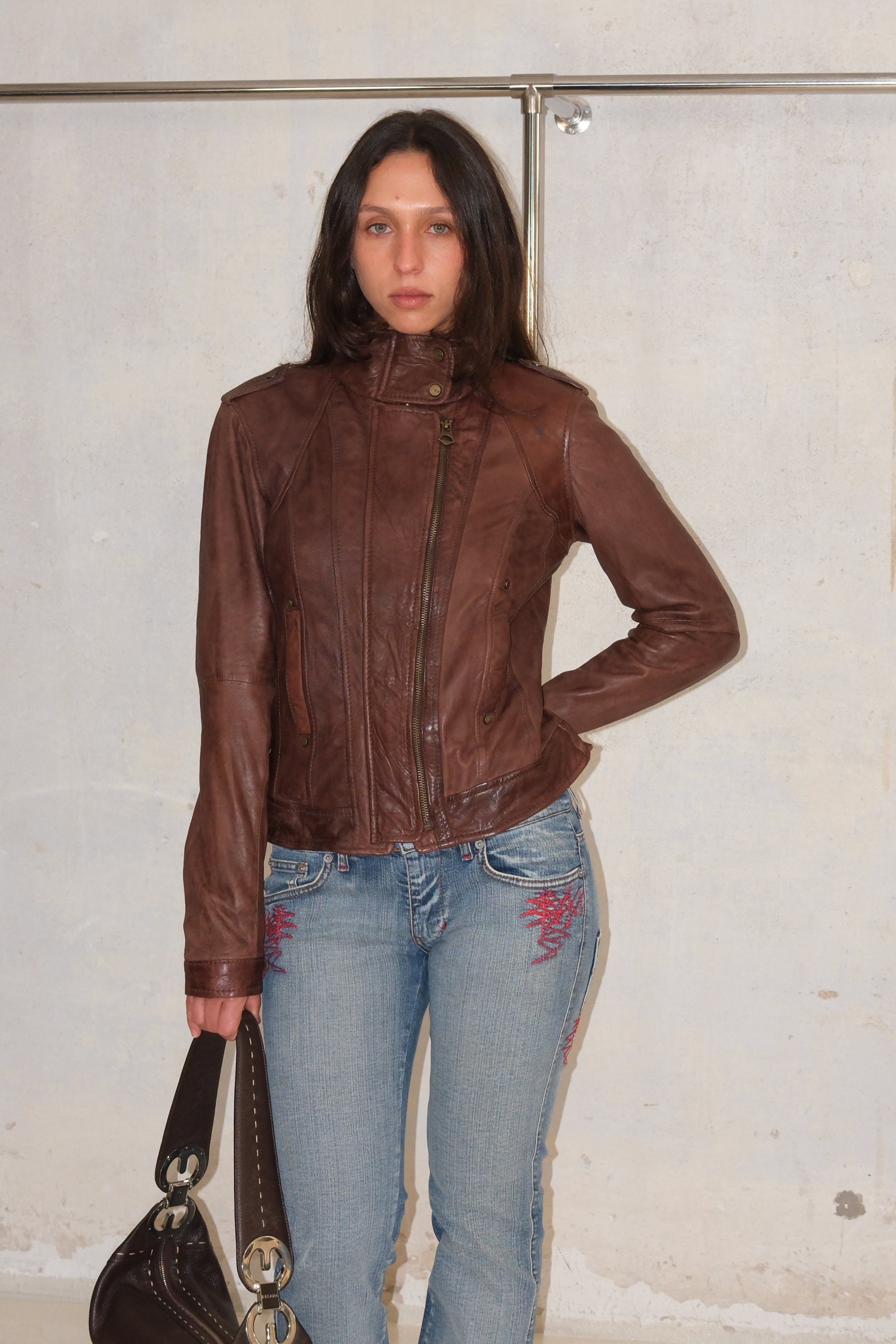 Two Zippers Brown Cropped Leather Jacket