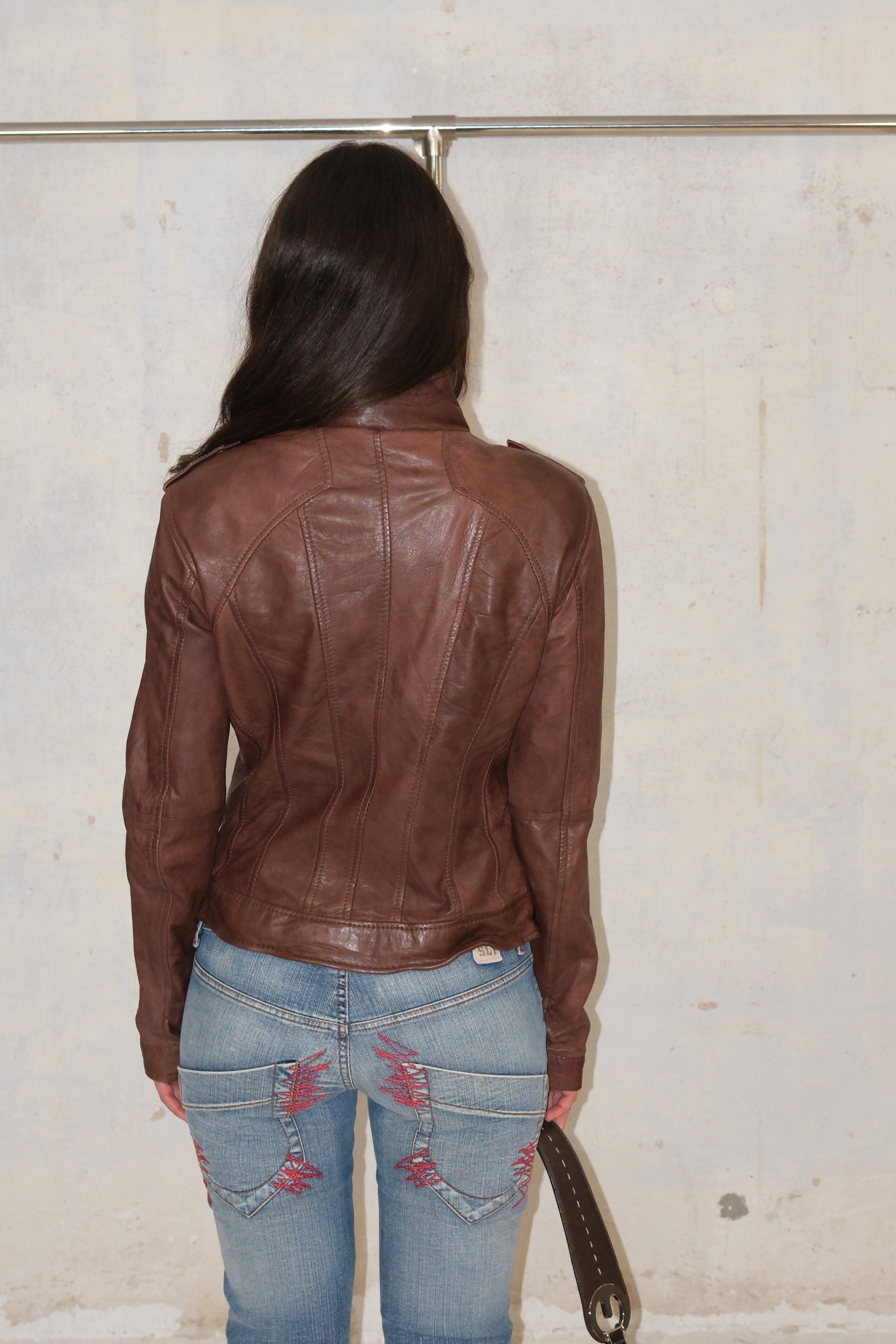 Two Zippers Brown Cropped Leather Jacket