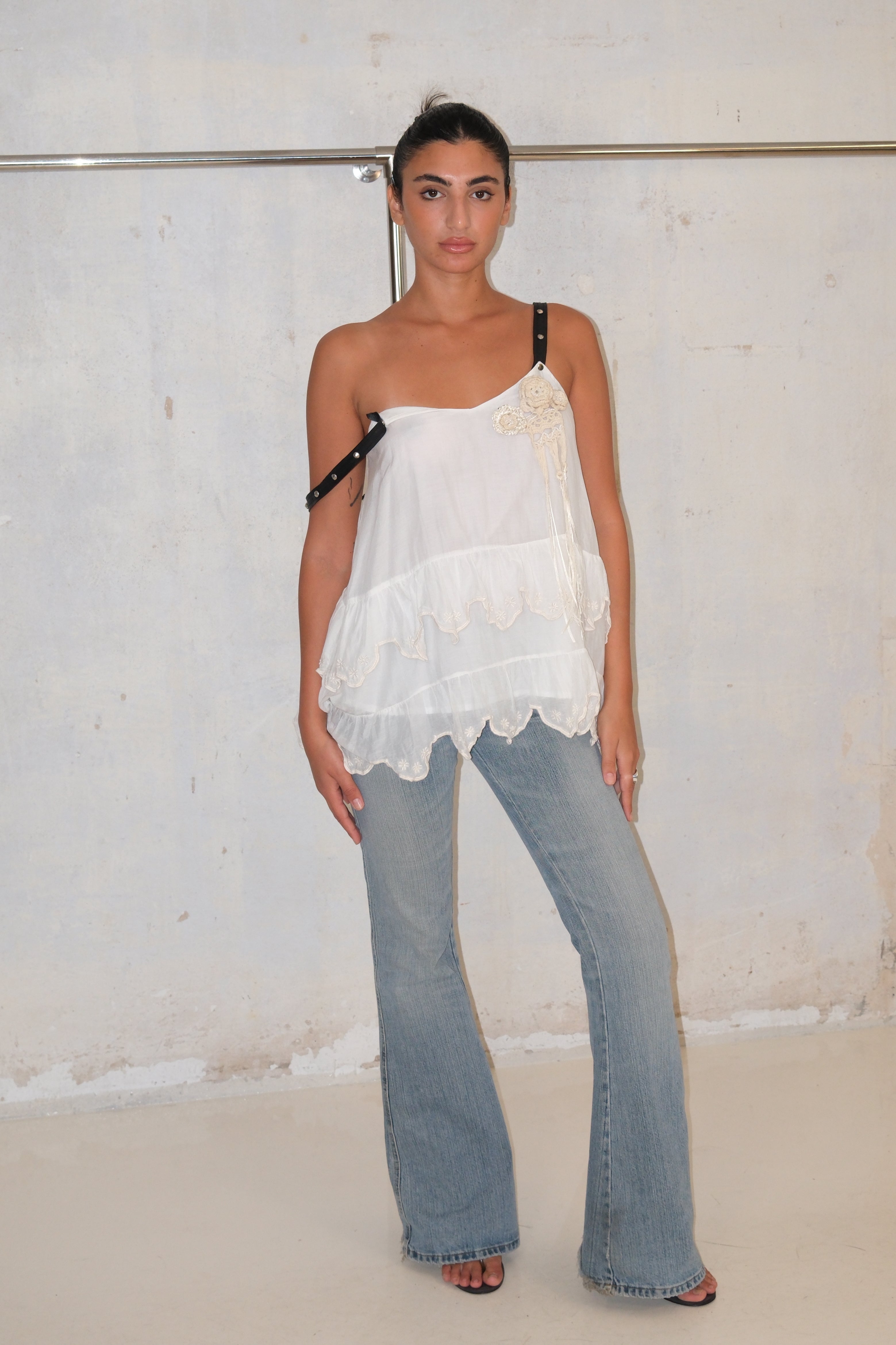 TWIN SET Ruffle Top With Punk Straps And Details