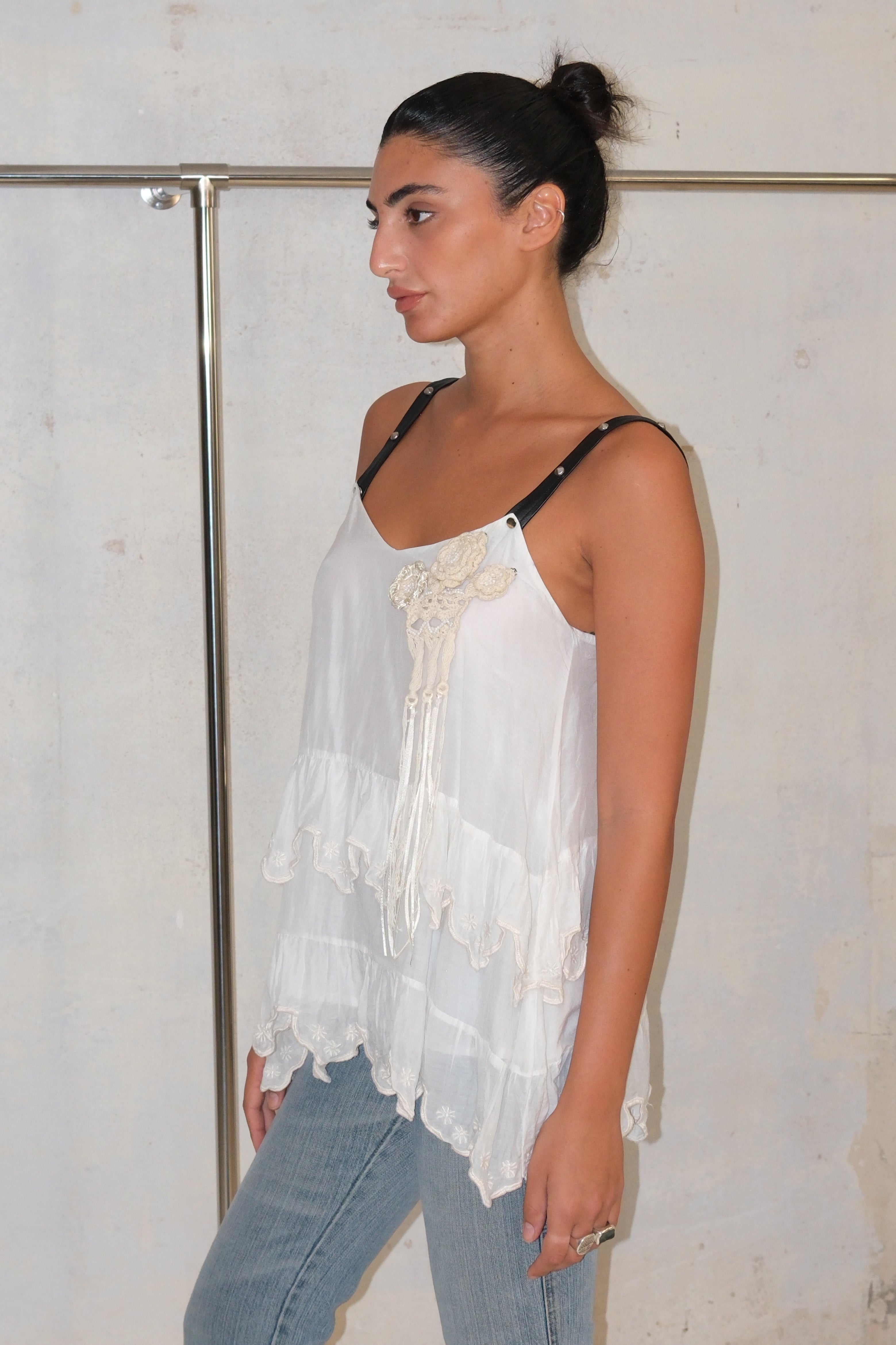 TWIN SET Ruffle Top With Punk Straps And Details