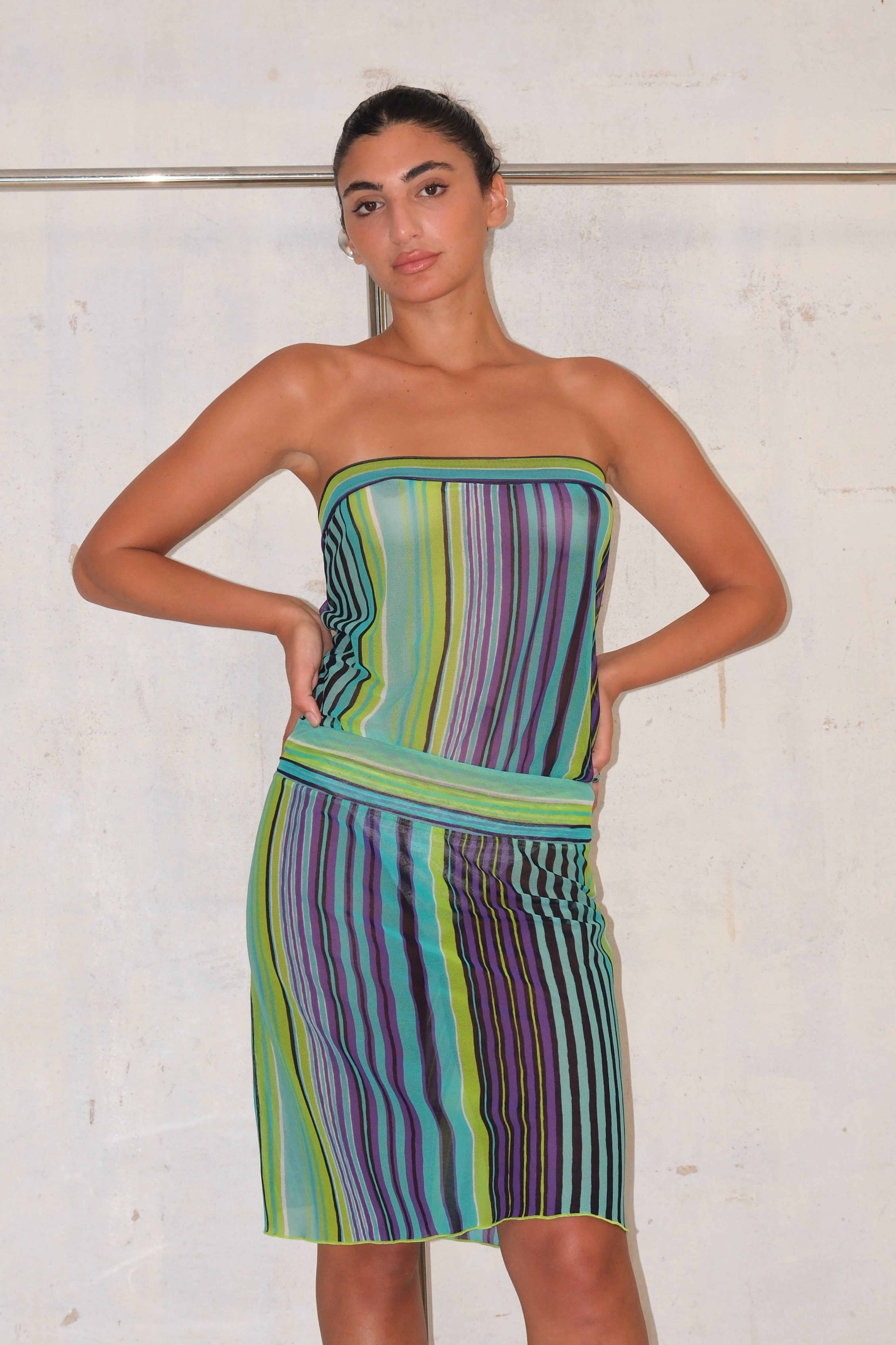 Verdissima Sheer Strapless Striped Dress