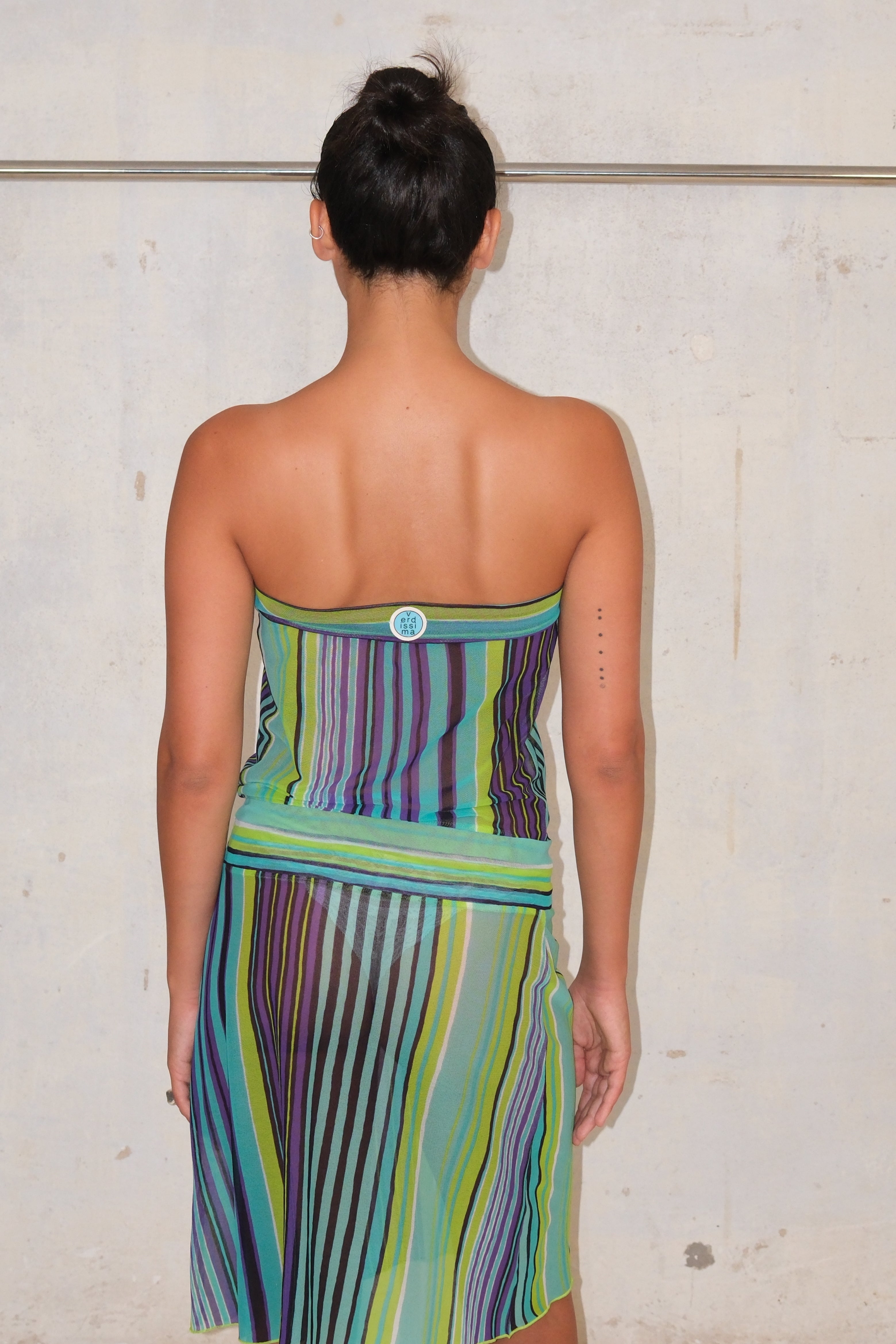 Verdissima Sheer Strapless Striped Dress