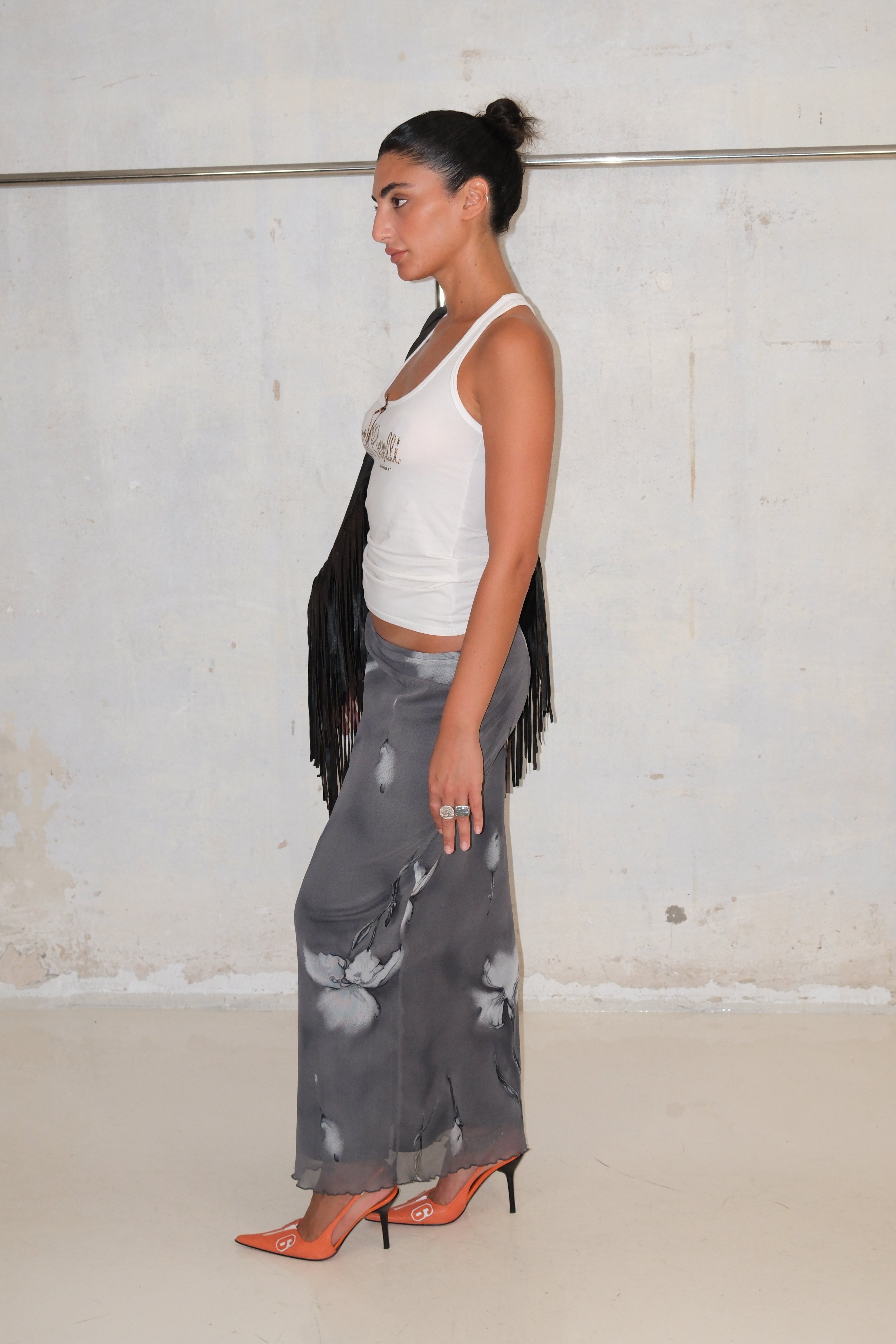 Low Rise Grey Floral Maxi Skirt