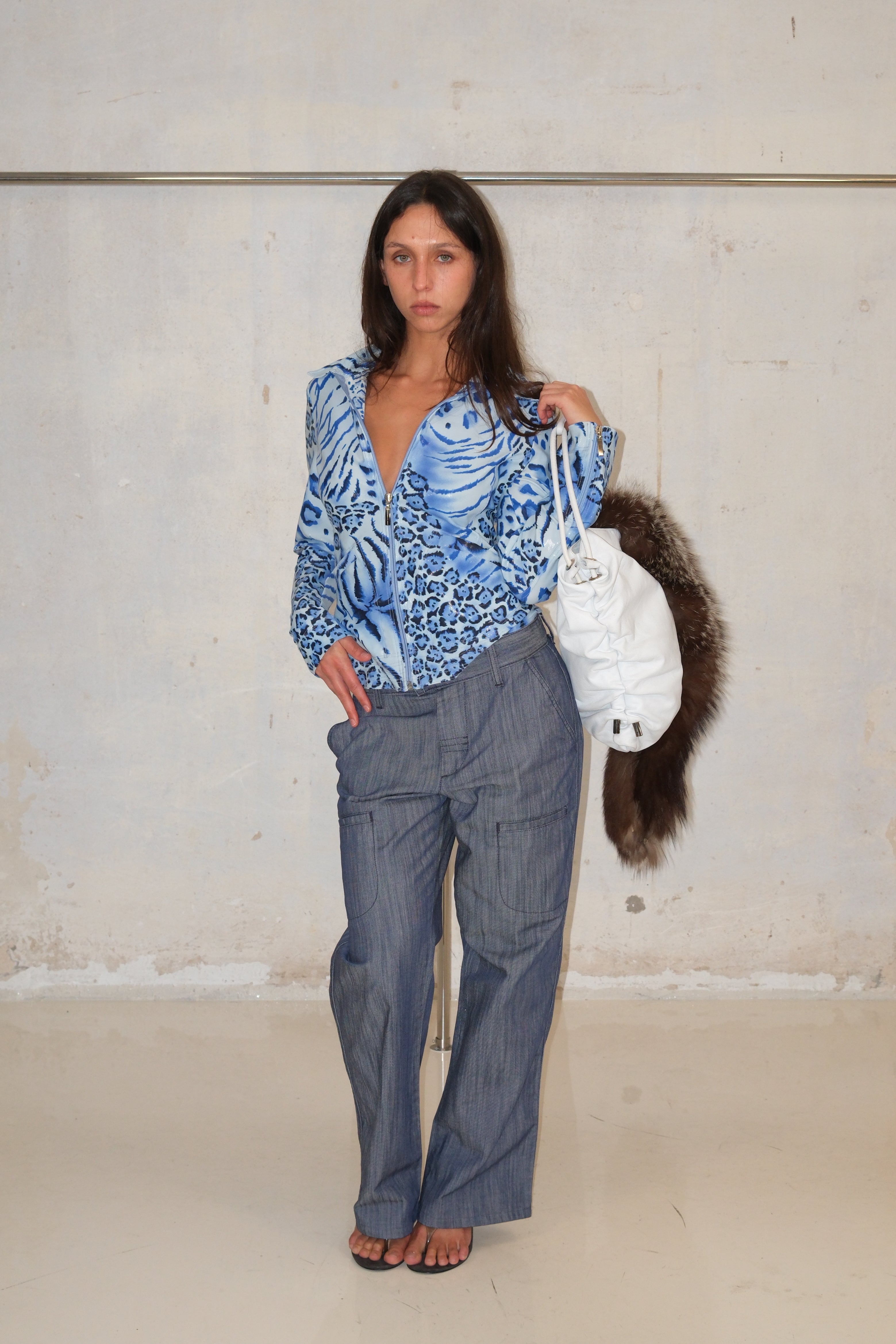 Roccobarocco Shiny Zipper Animal Print Top