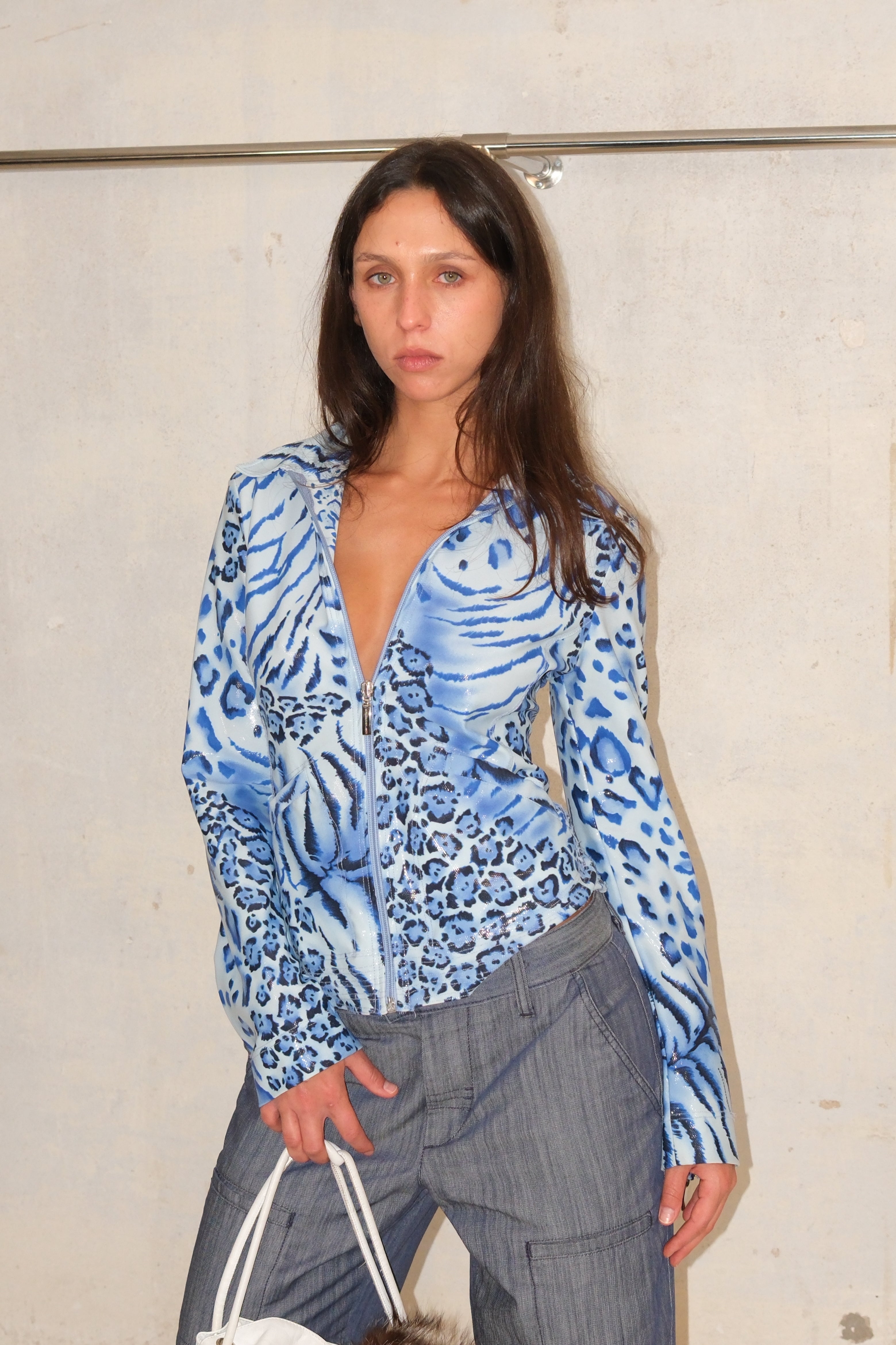 Roccobarocco Shiny Zipper Animal Print Top