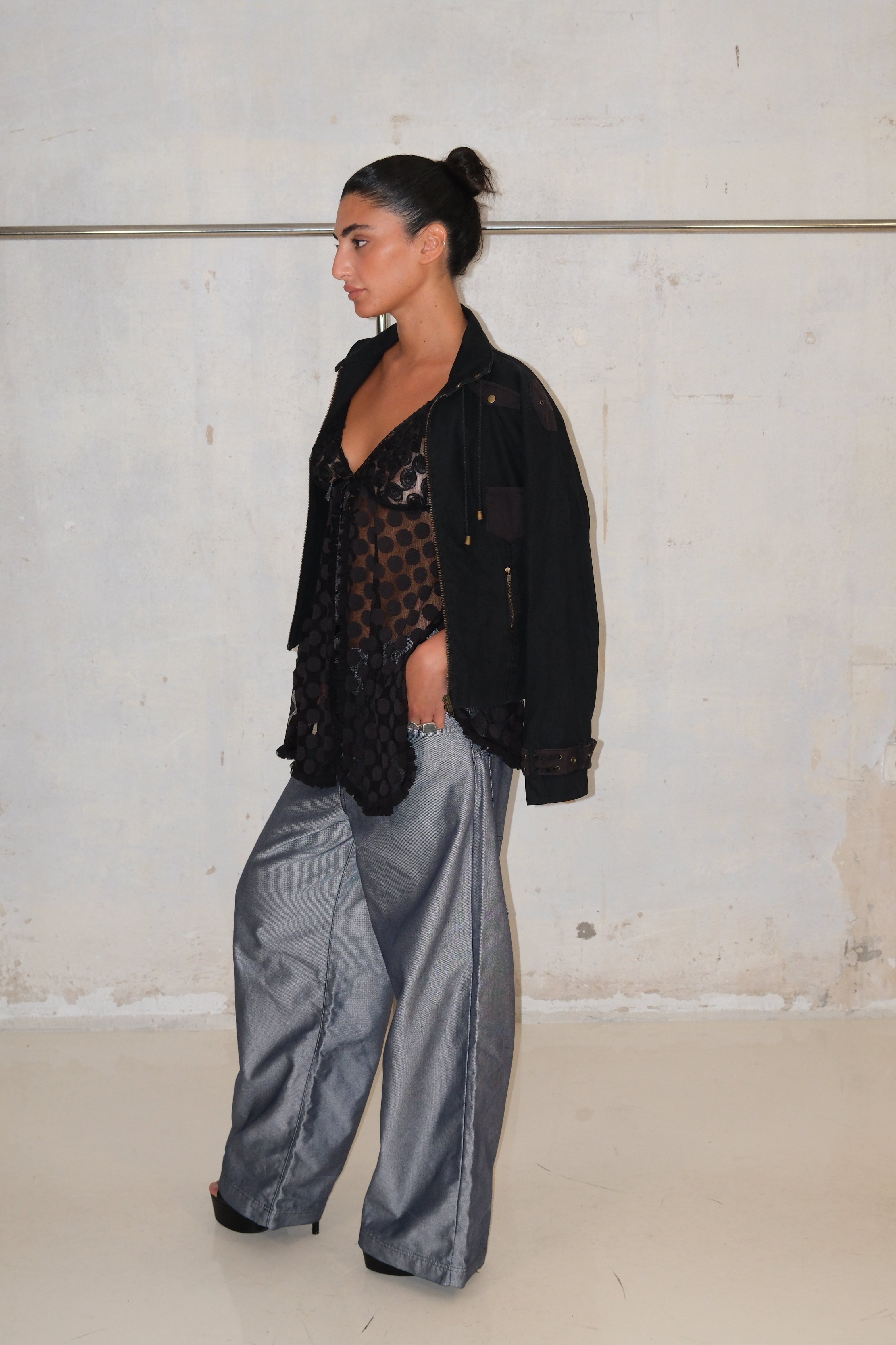 High Waist Wide Shiny Pants With Patches Size 36-38