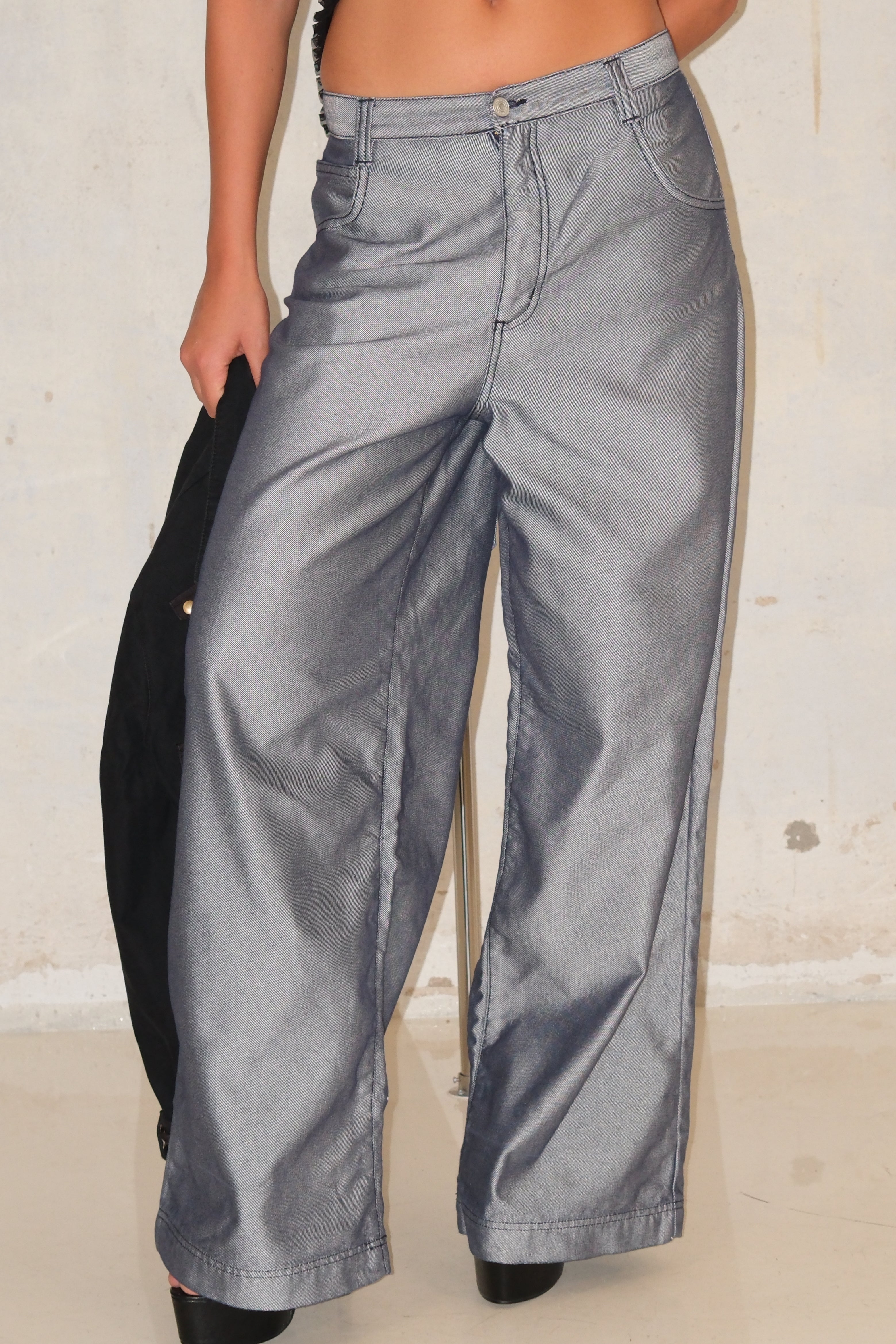 High Waist Wide Shiny Pants With Patches Size 36-38
