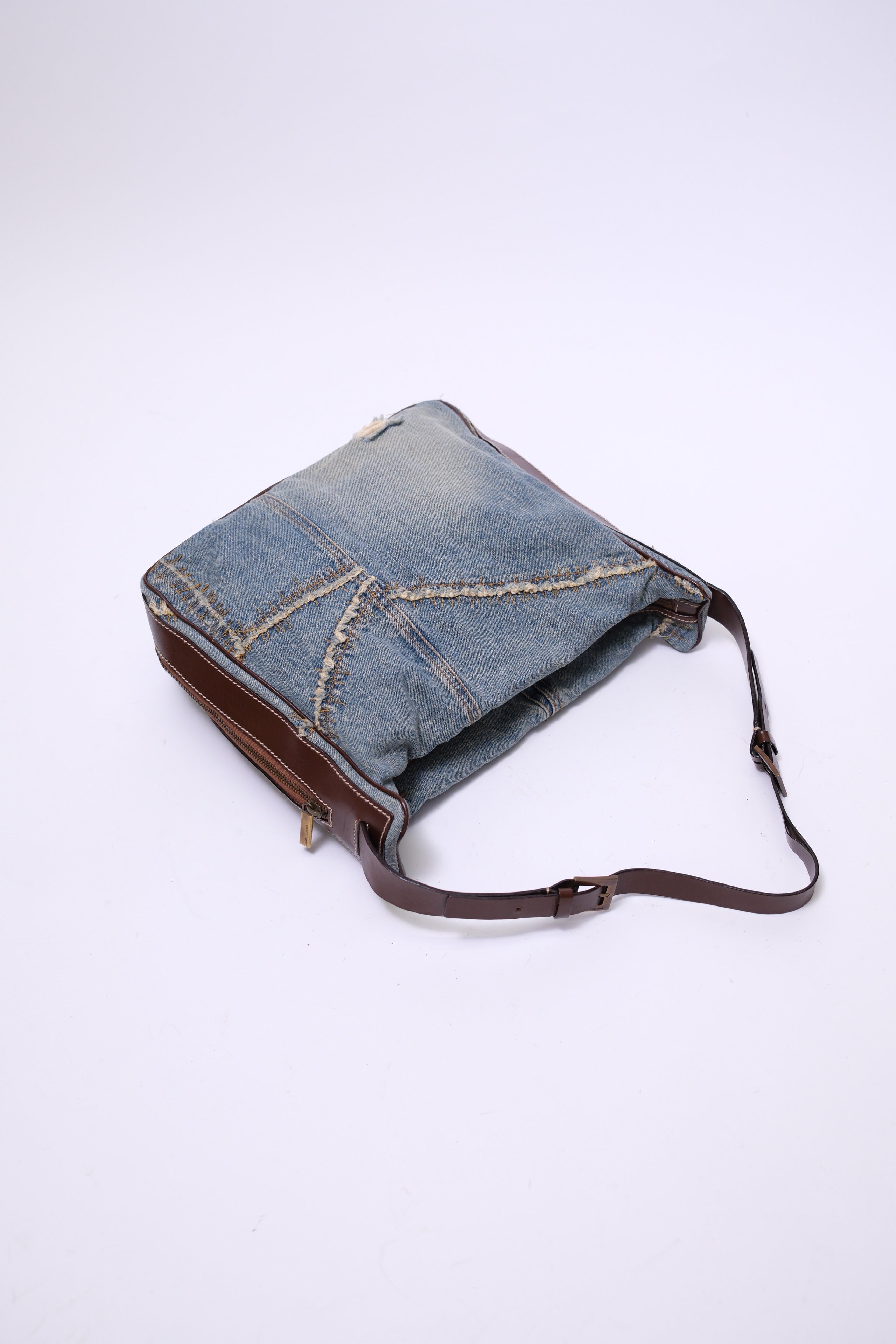Dolce & Gabbana patch denim shoulder bag with brown leather