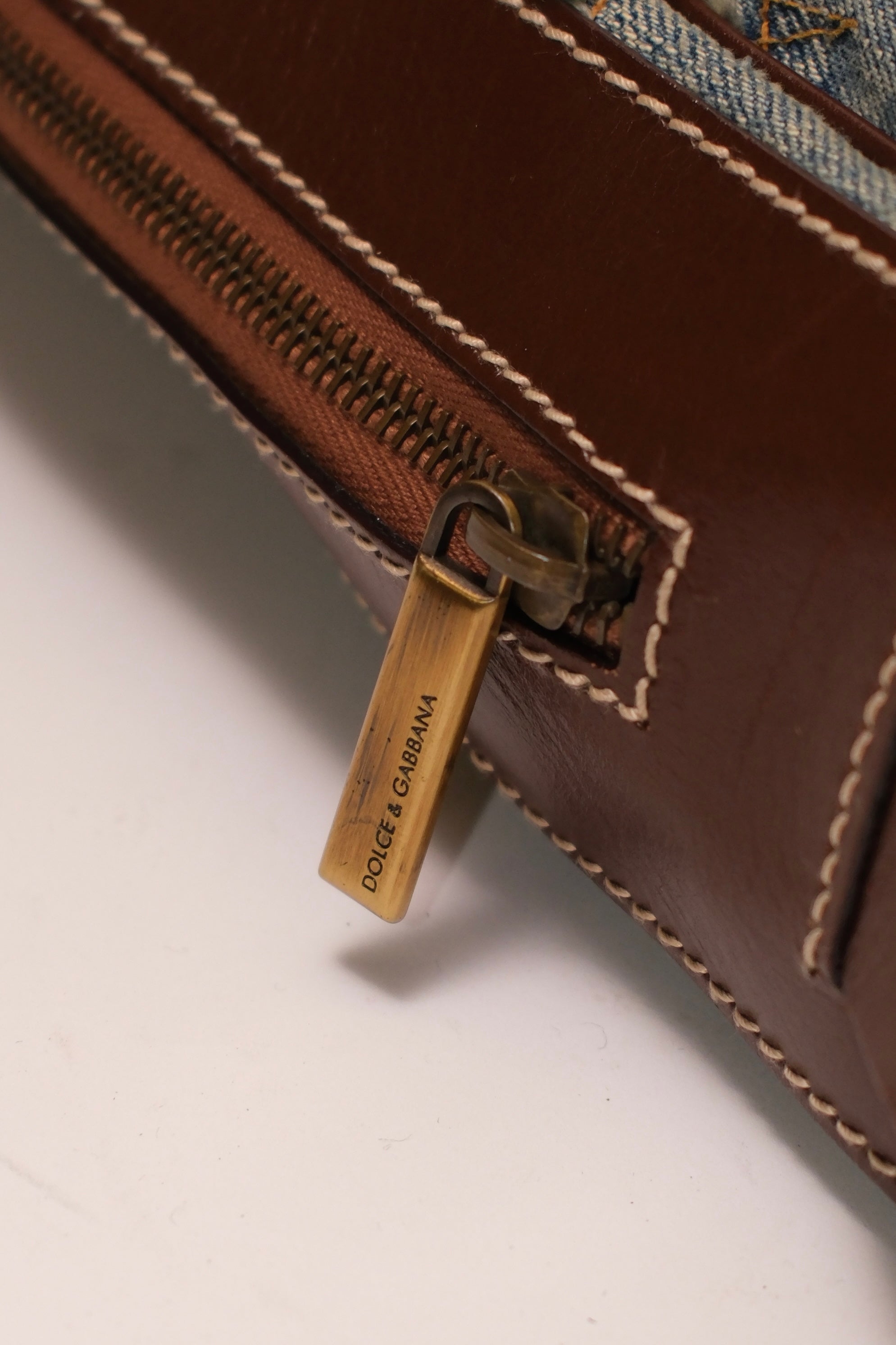 Dolce & Gabbana patch denim shoulder bag with brown leather