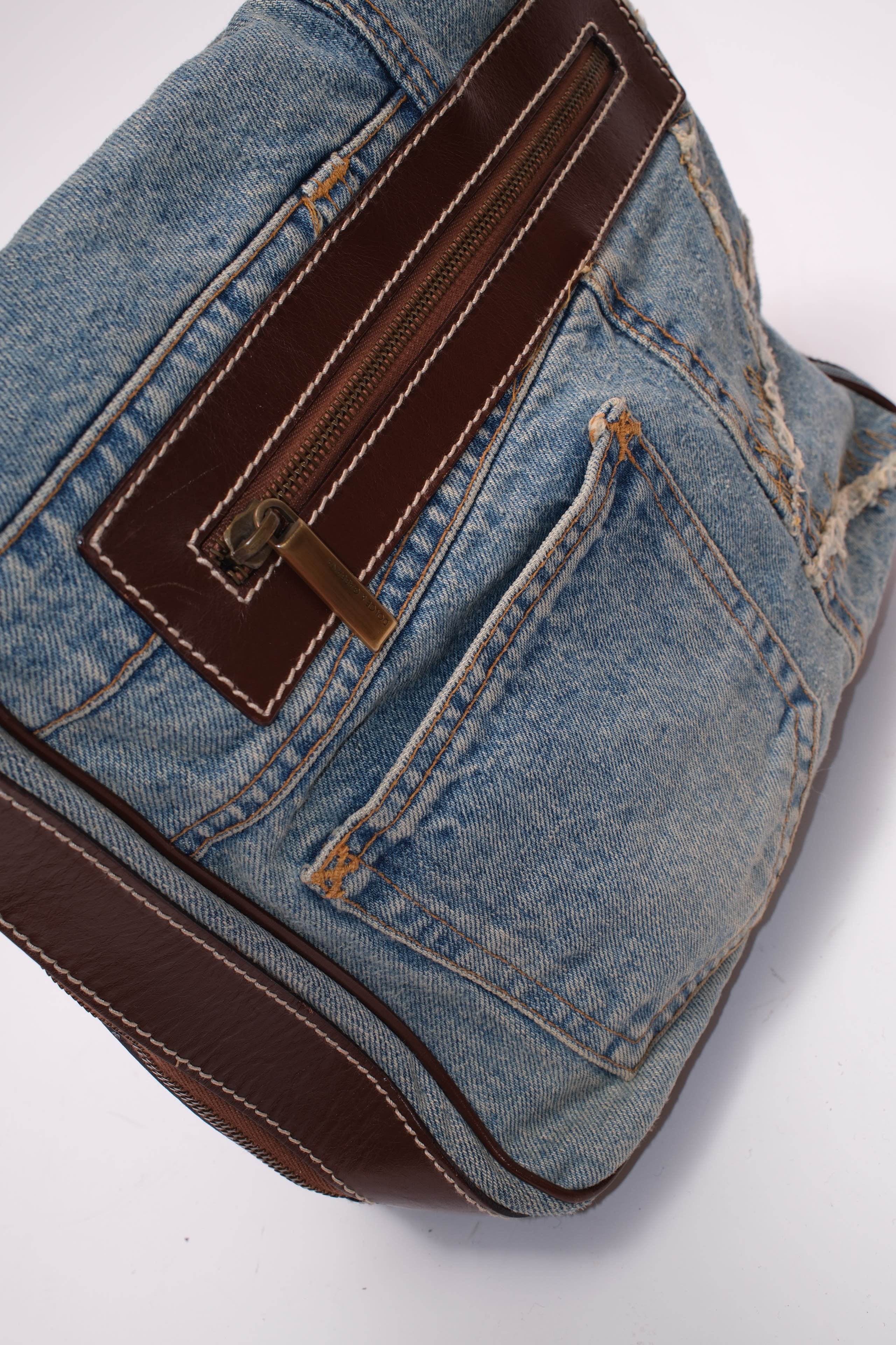 Dolce & Gabbana patch denim shoulder bag with brown leather