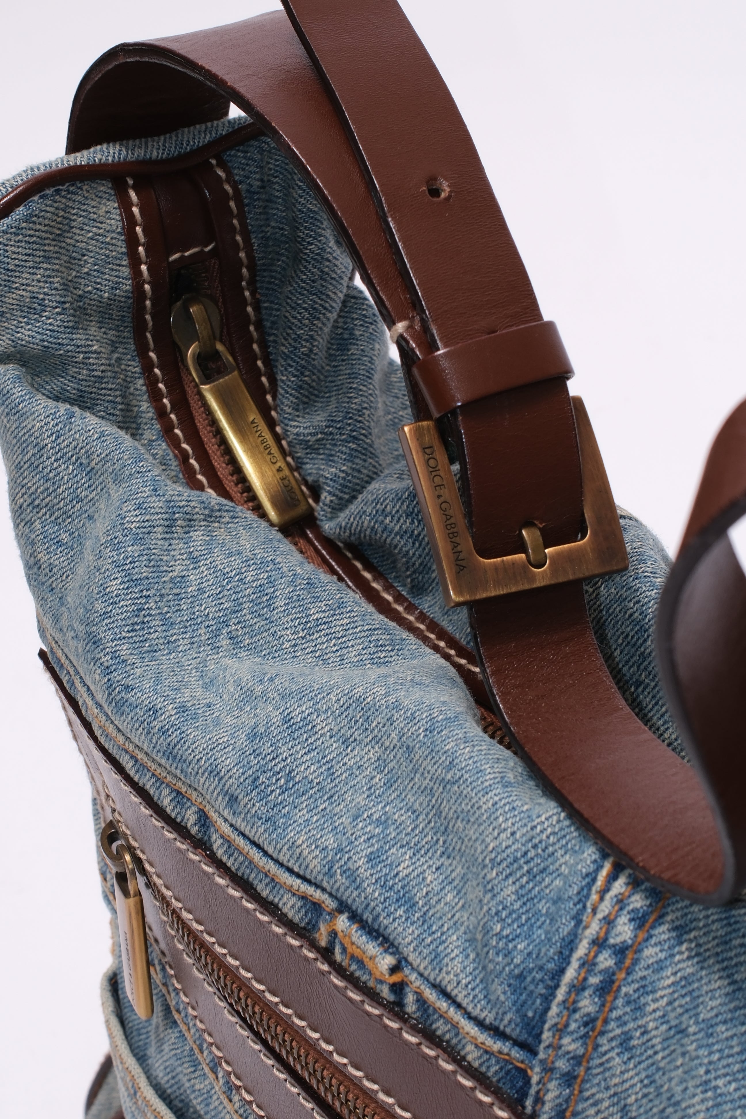 Dolce & Gabbana patch denim shoulder bag with brown leather