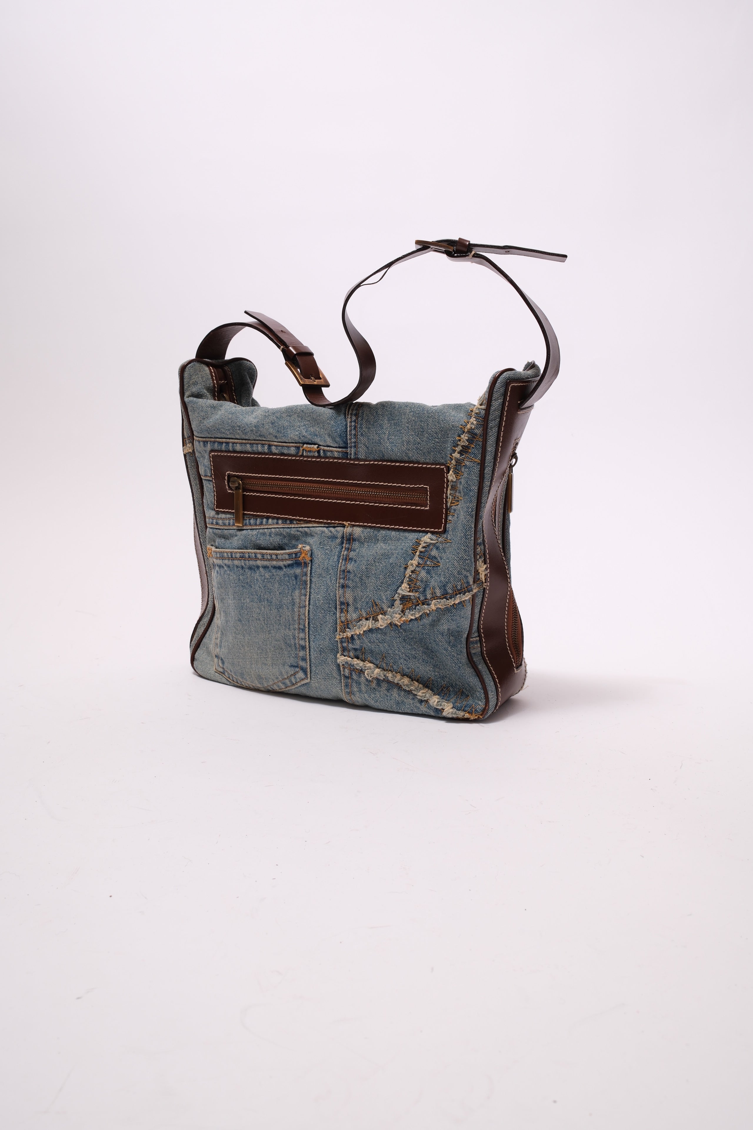 Dolce & Gabbana patch denim shoulder bag with brown leather
