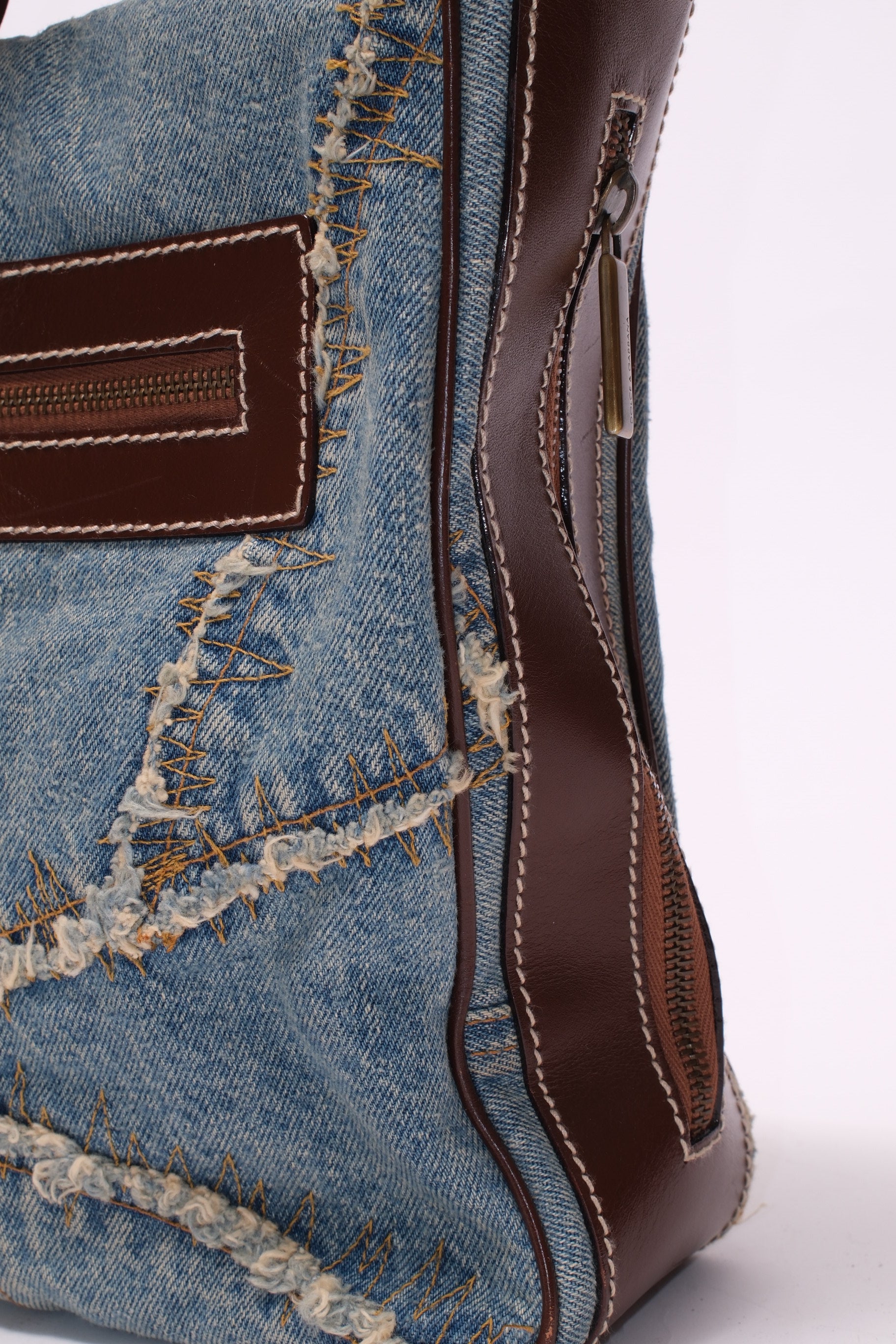 Dolce & Gabbana patch denim shoulder bag with brown leather