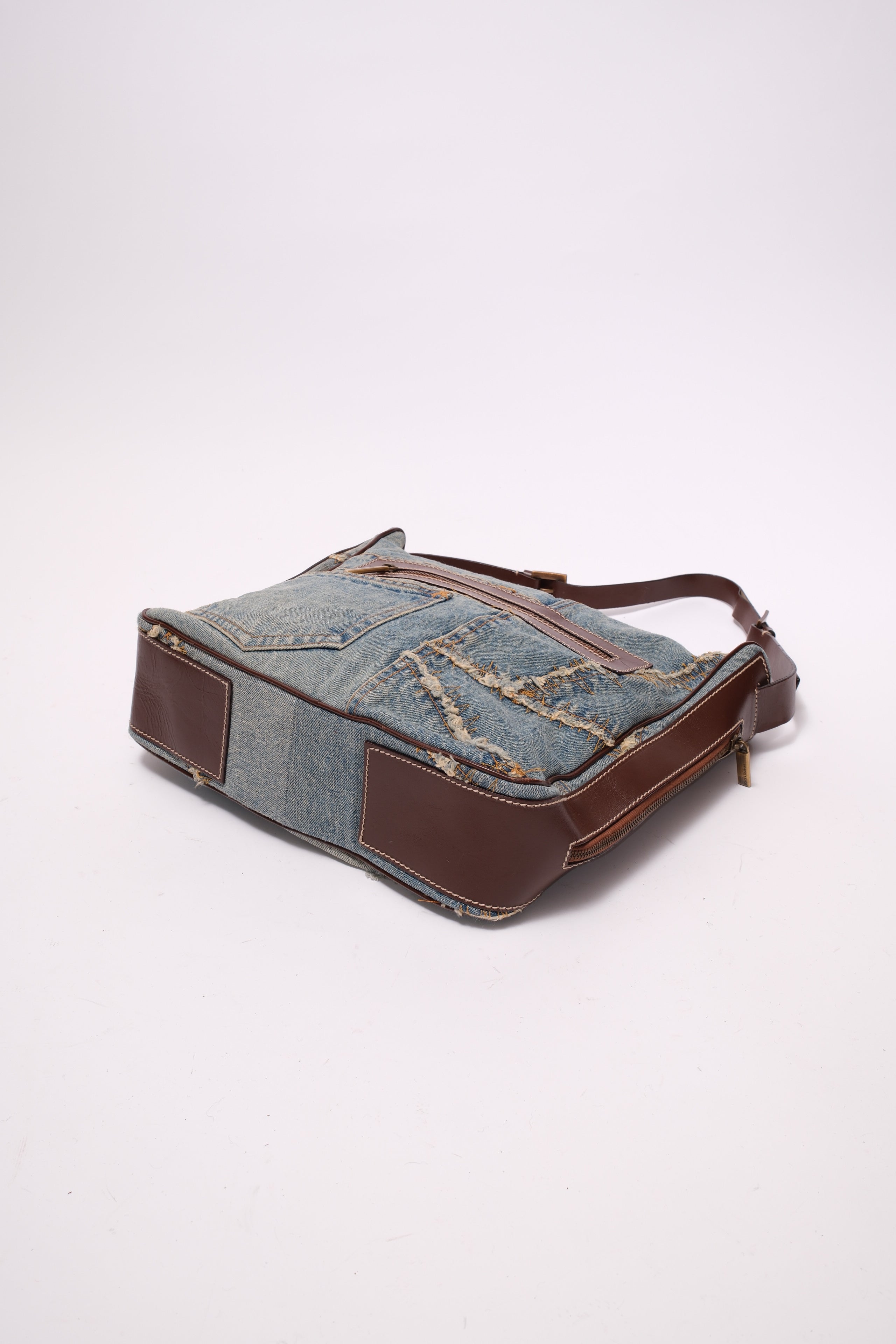 Dolce & Gabbana patch denim shoulder bag with brown leather