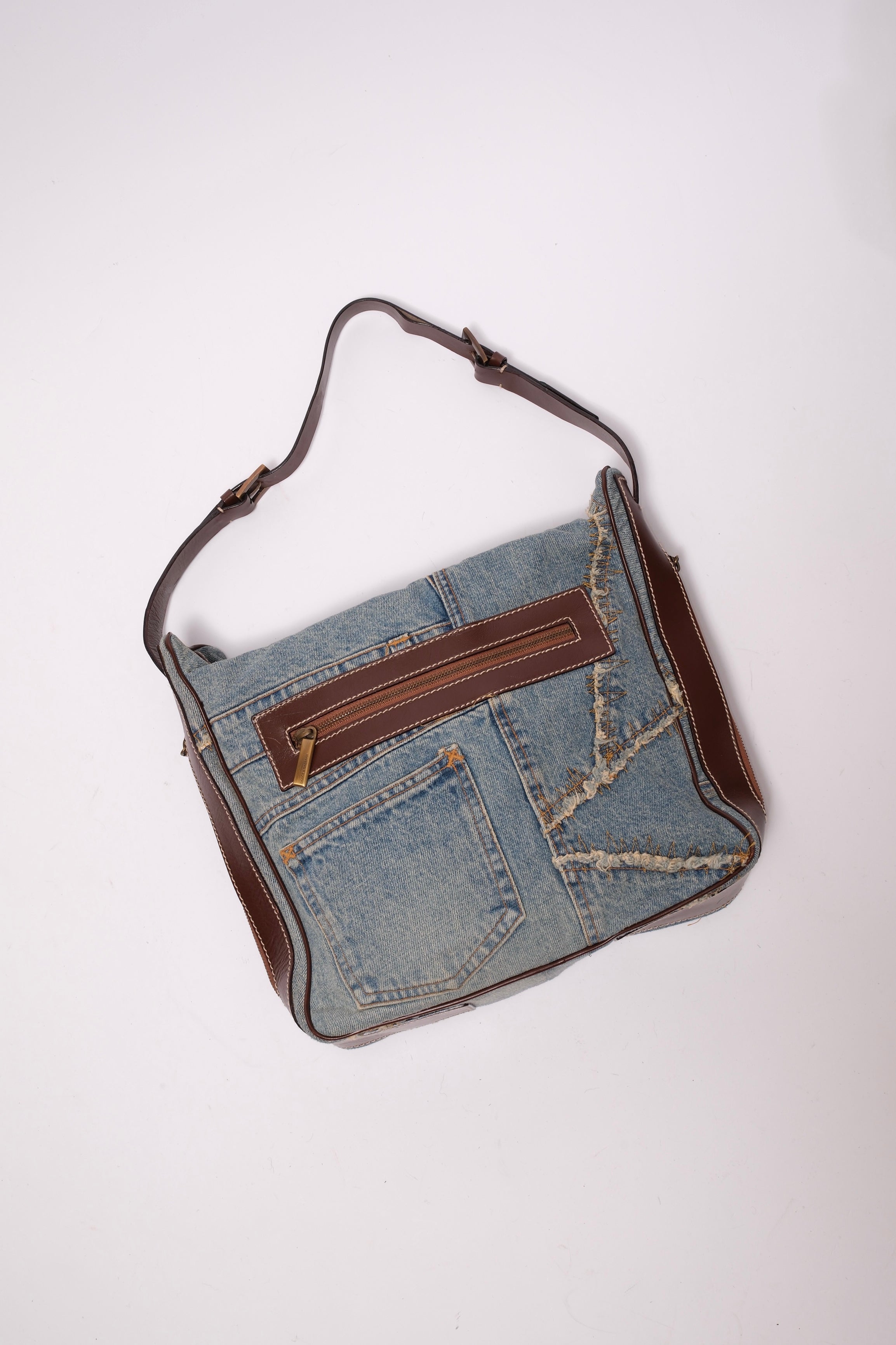 Dolce & Gabbana patch denim shoulder bag with brown leather