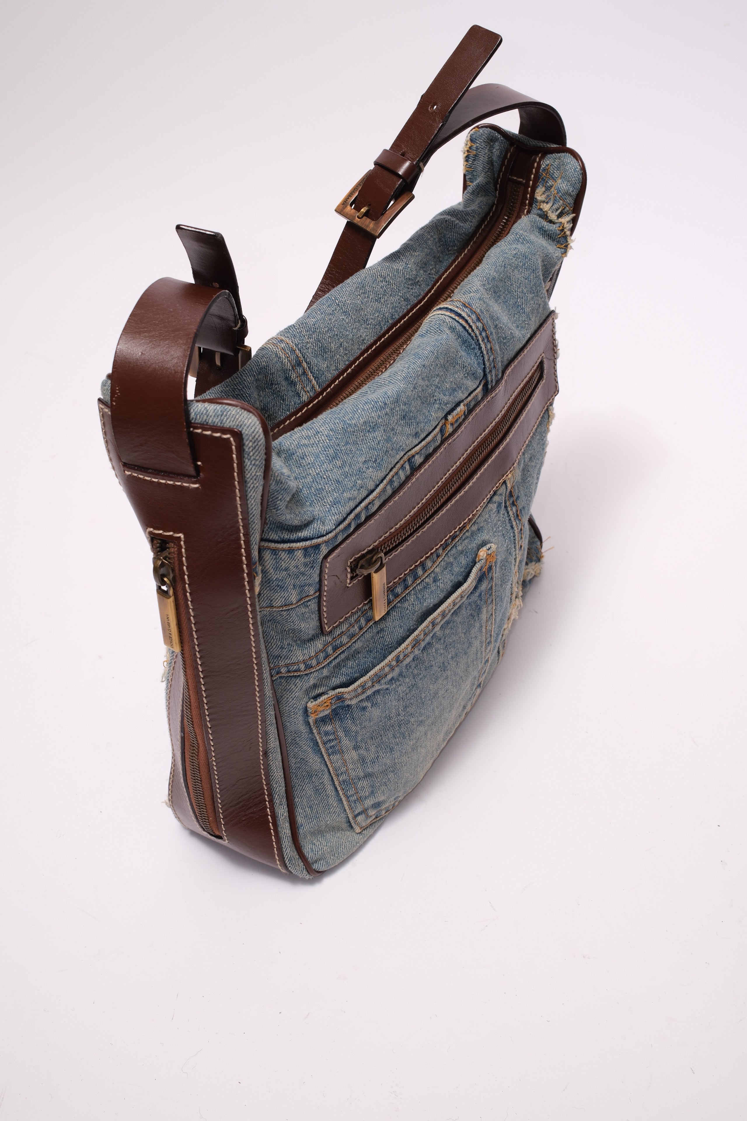 Dolce & Gabbana patch denim shoulder bag with brown leather