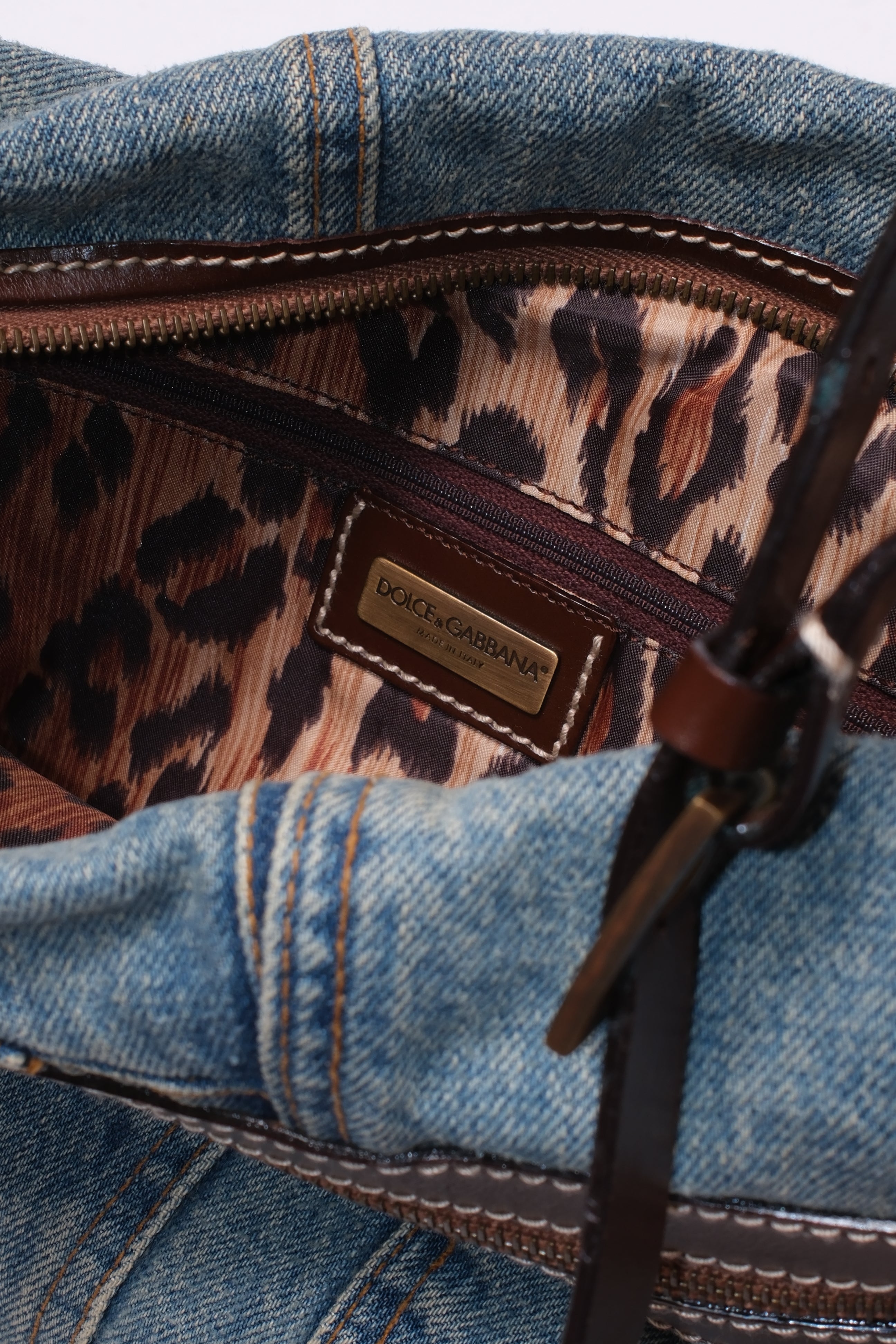 Dolce & Gabbana patch denim shoulder bag with brown leather