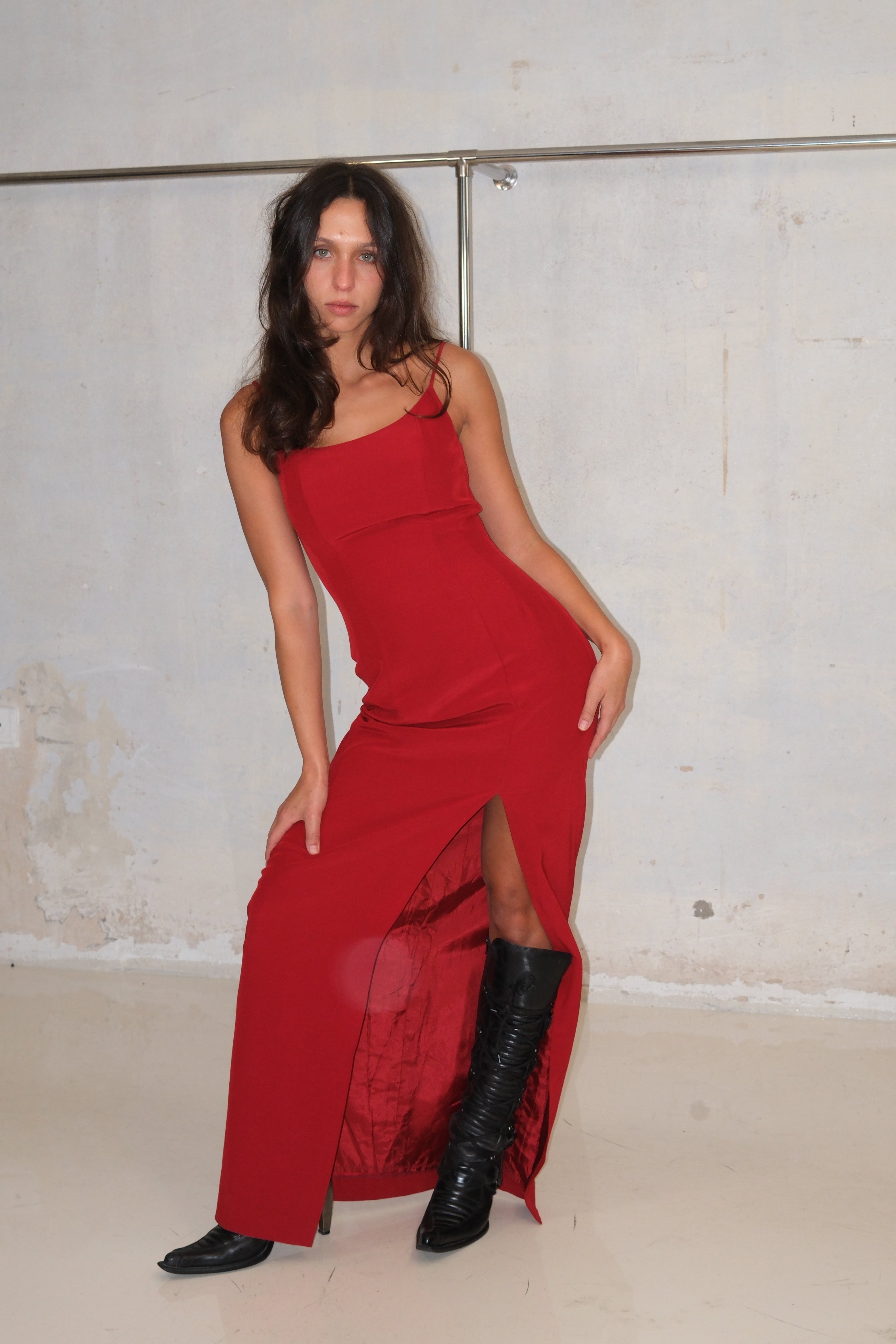 Red Maxi Evening Dress With Slit