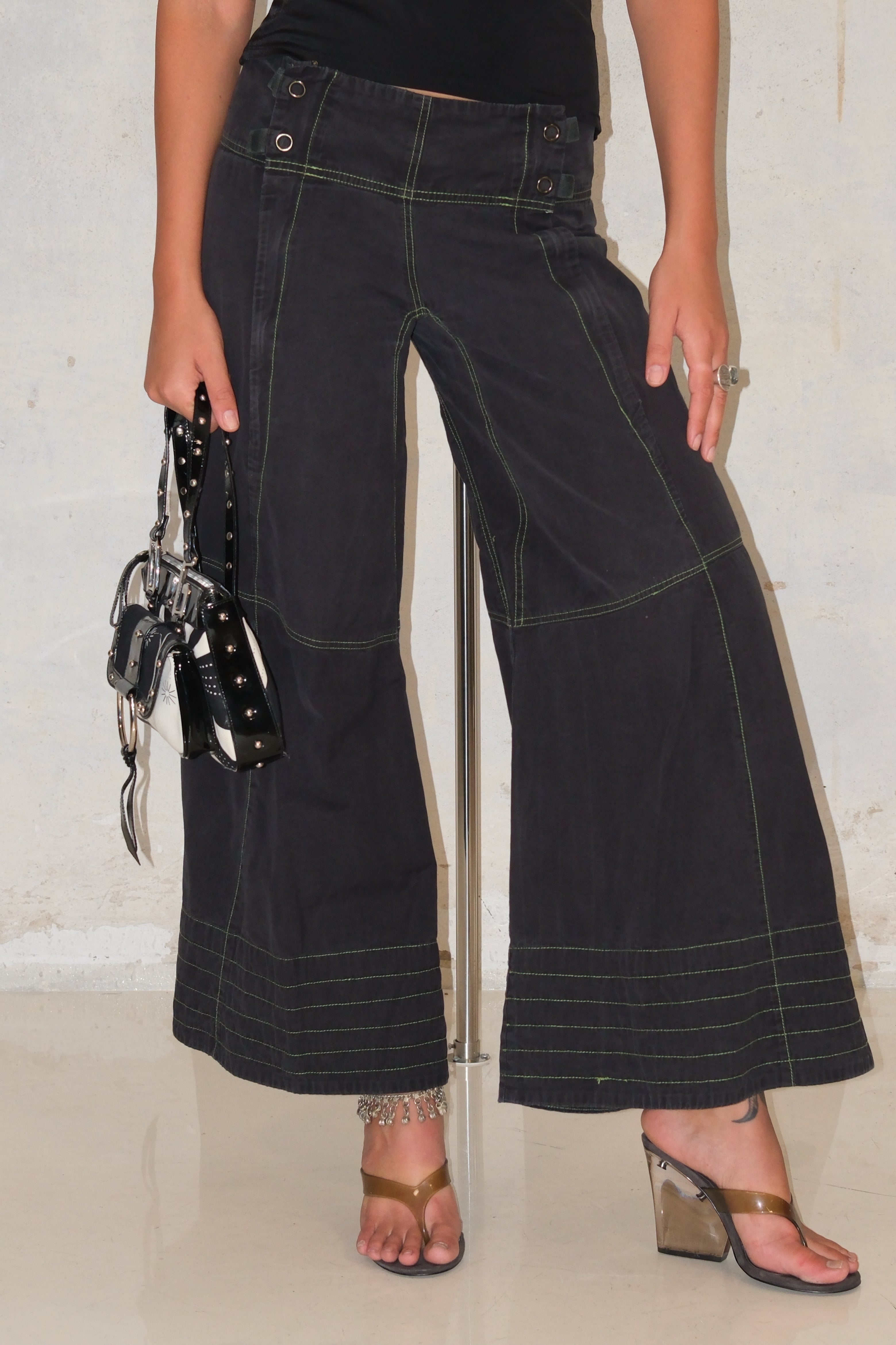 Blue Flared Pants With Green Stitching Size 36-38