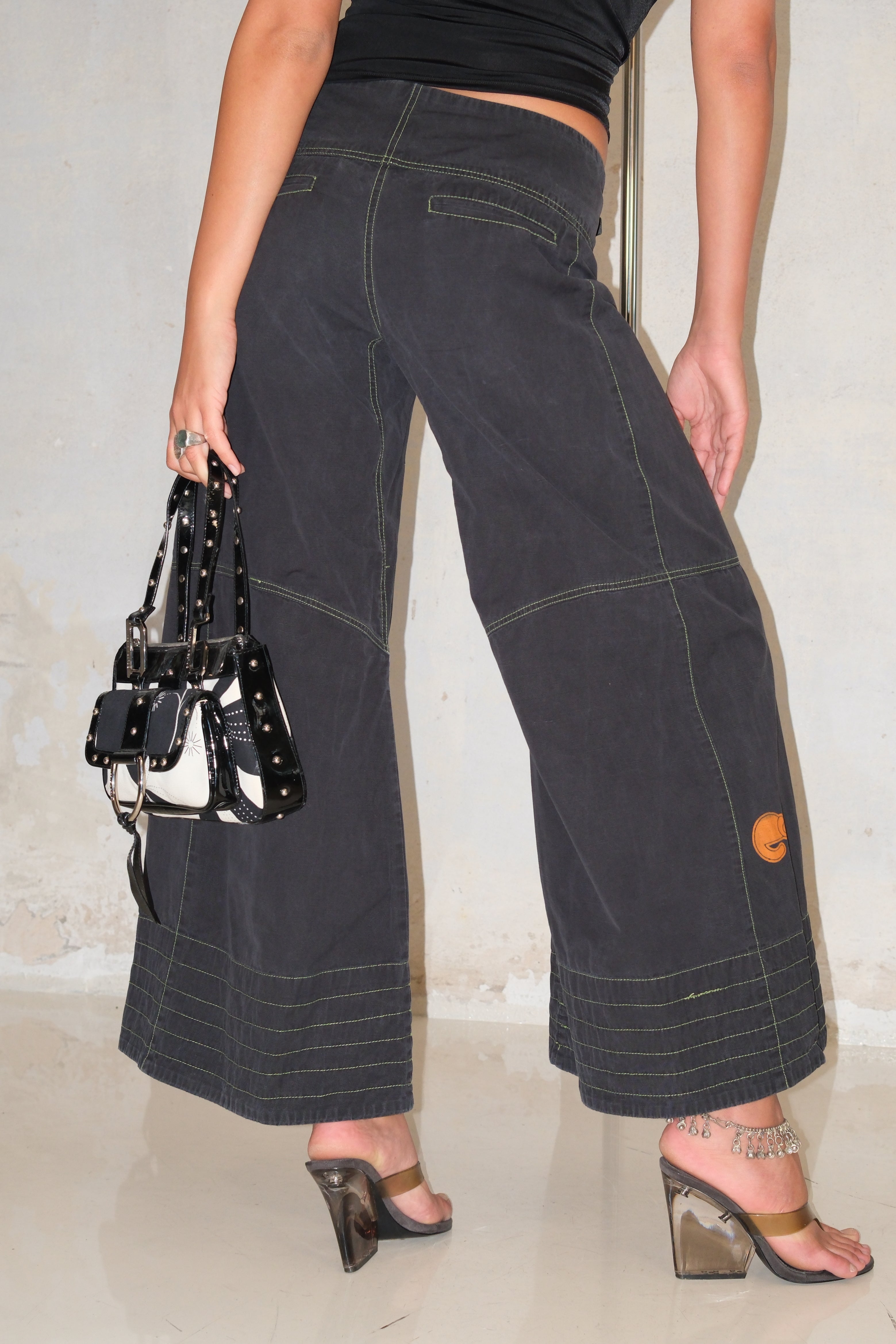 Blue Flared Pants With Green Stitching Size 36-38