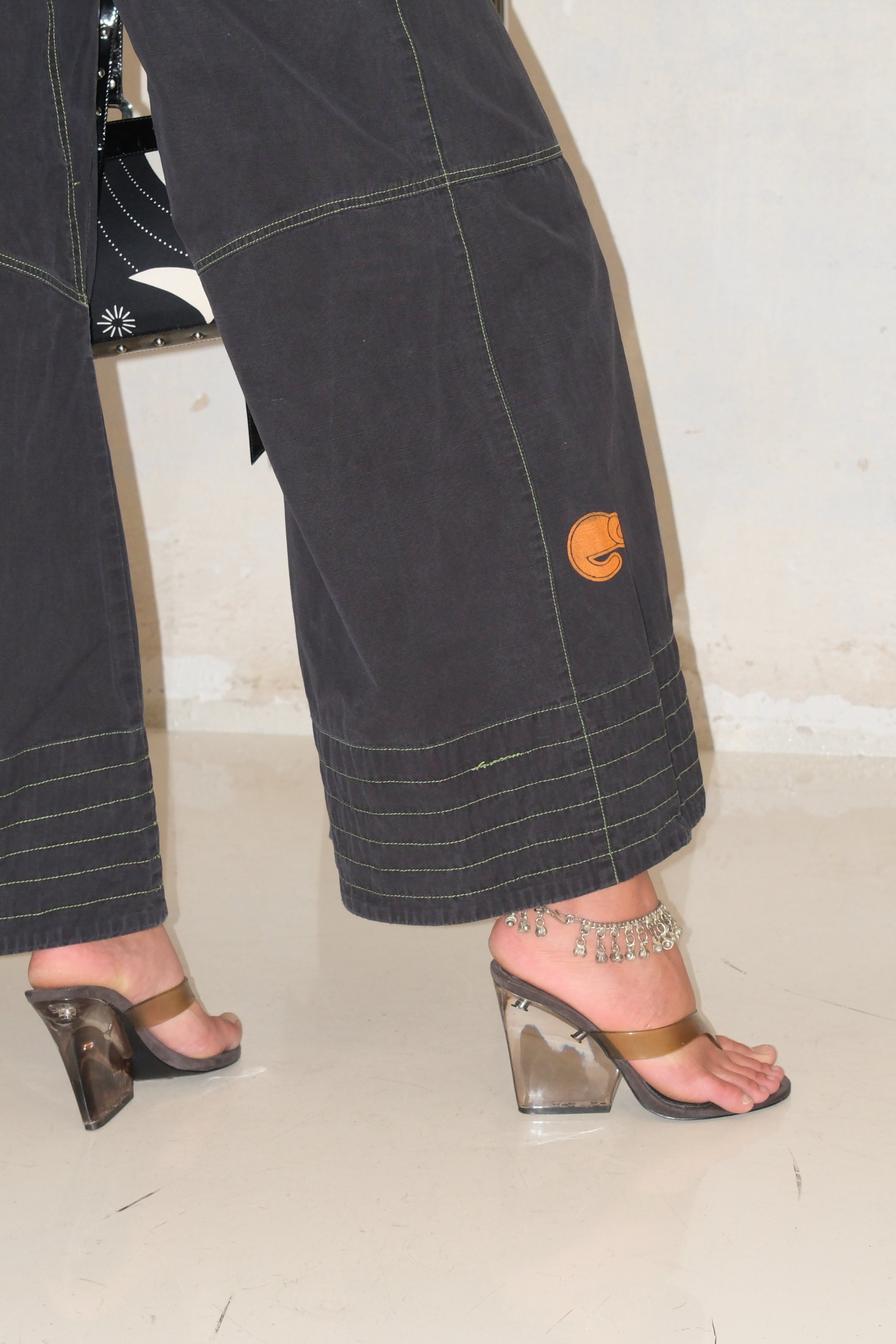 Blue Flared Pants With Green Stitching Size 36-38