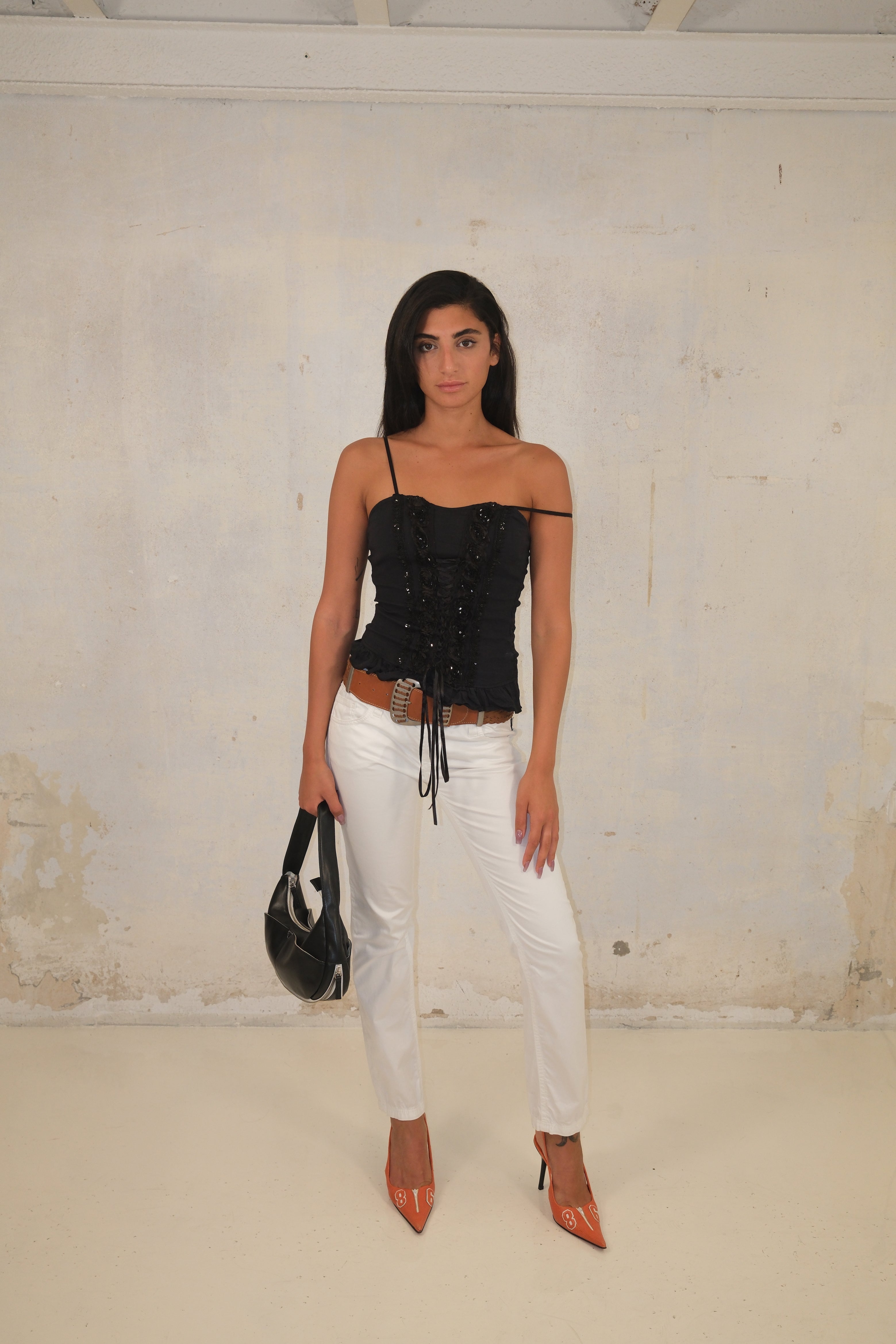 Embellished Tie Tank Top With Ruffled Hem