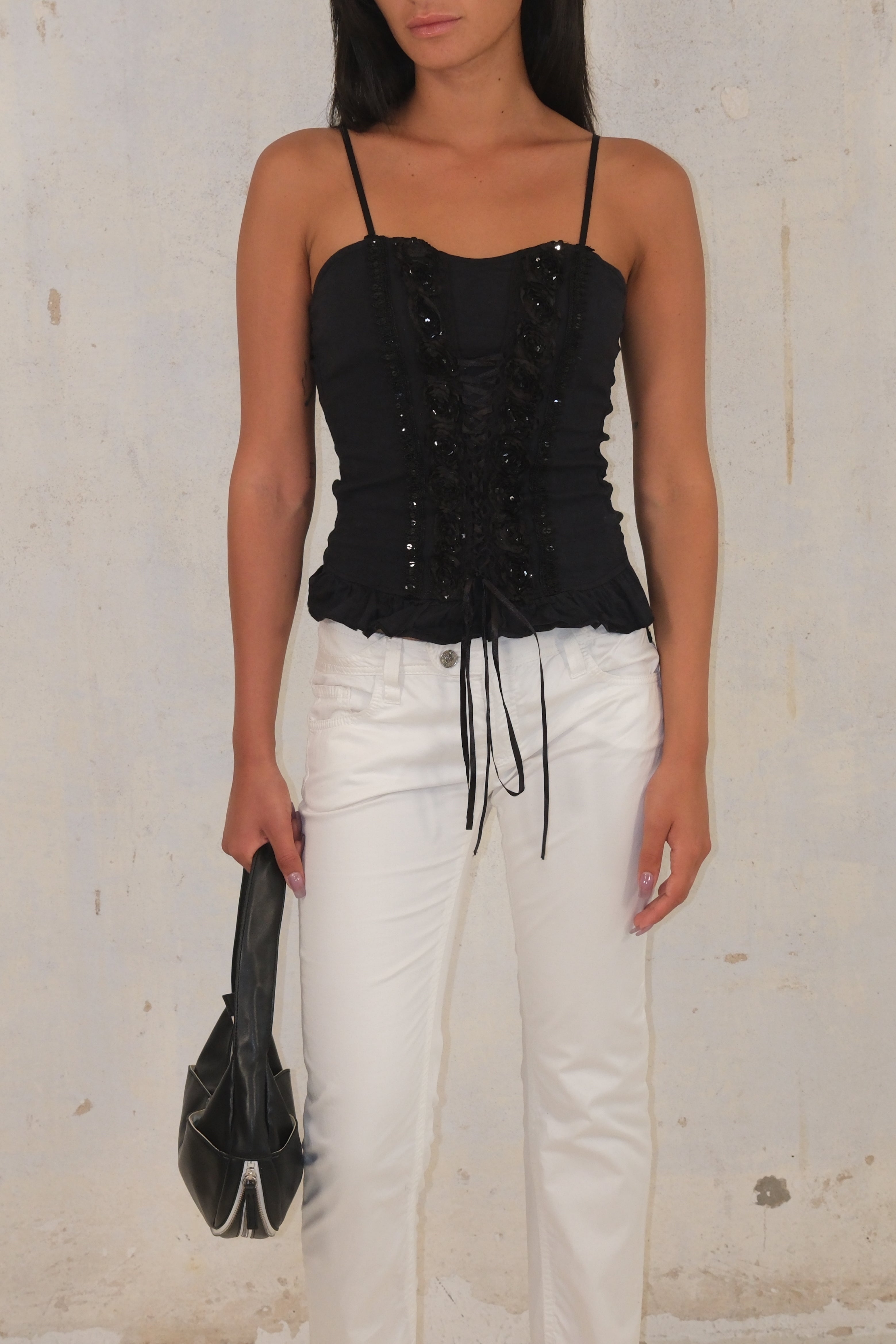 Embellished Tie Tank Top With Ruffled Hem