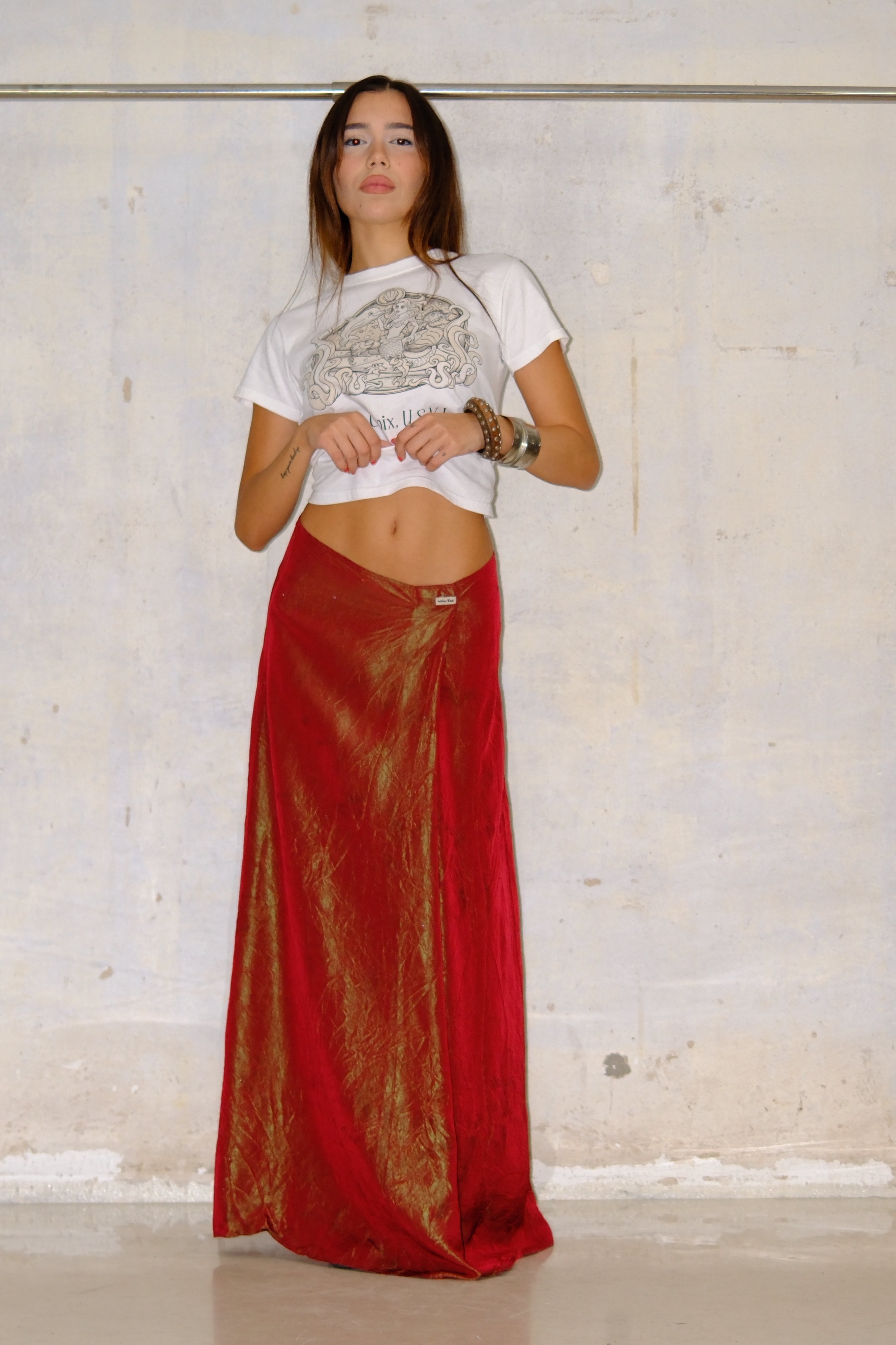 METALLIC RED SHINE MAXI SKIRT