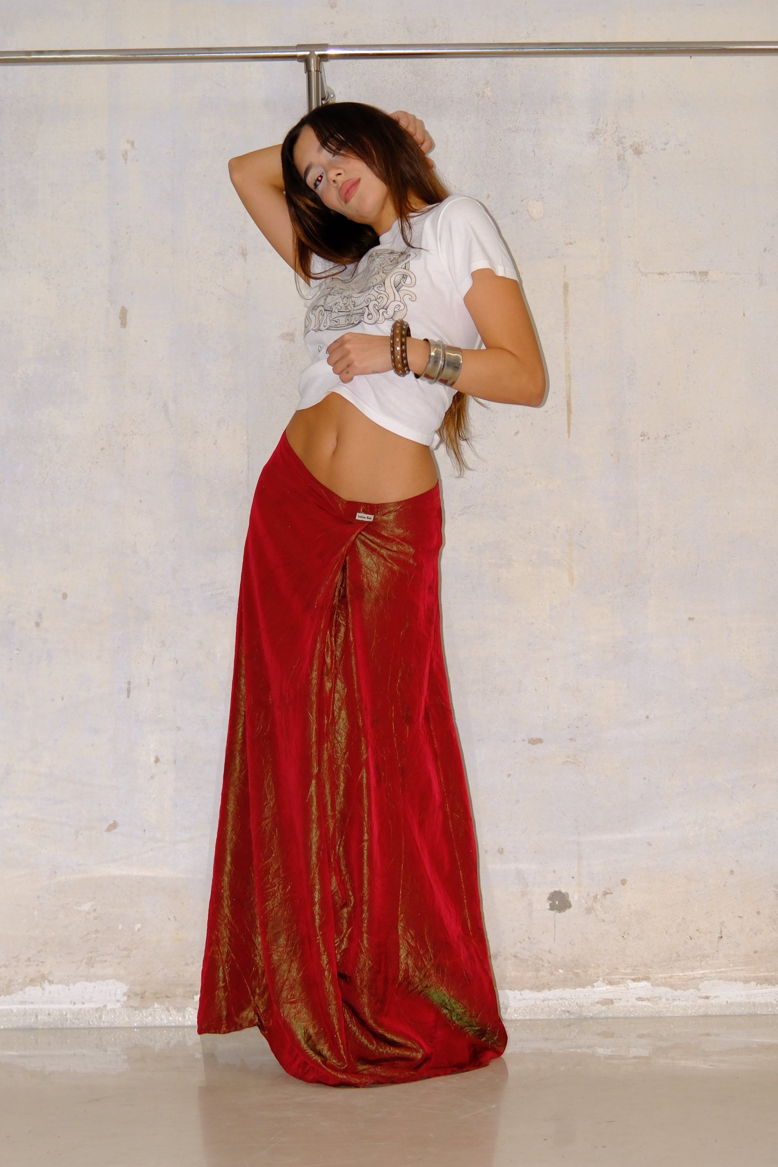 METALLIC RED SHINE MAXI SKIRT