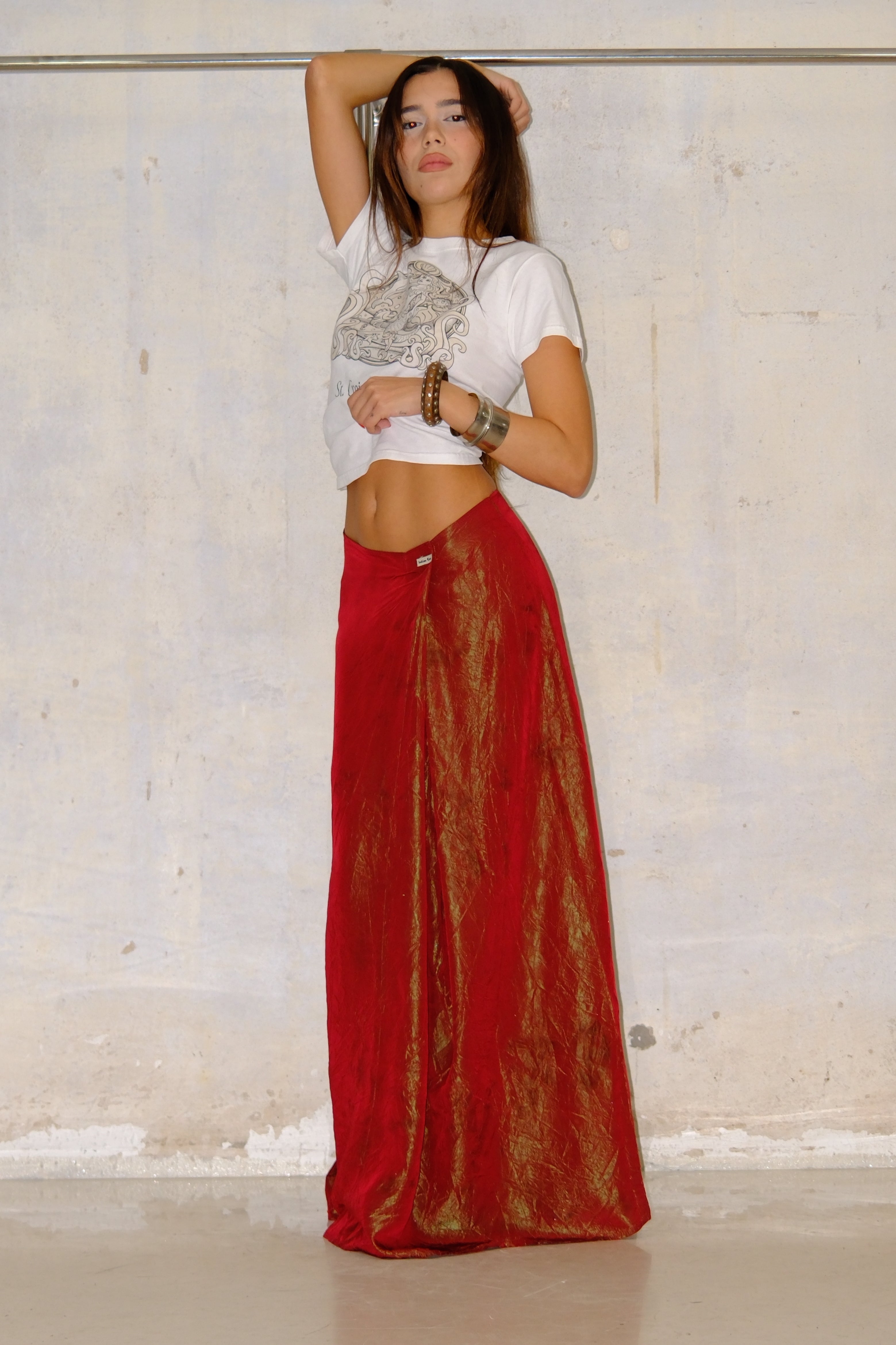 METALLIC RED SHINE MAXI SKIRT