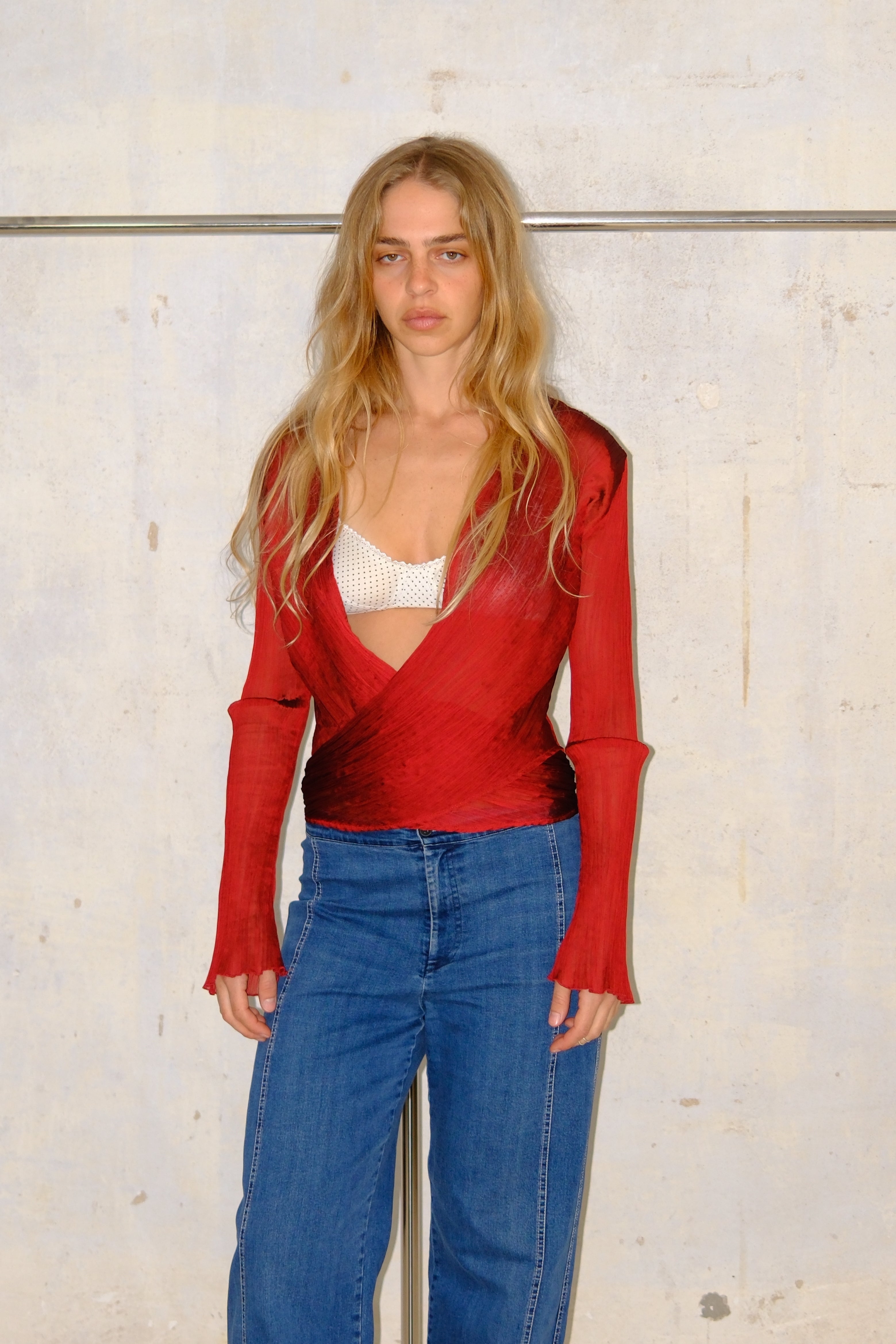 RED SHINY WRAP TOP