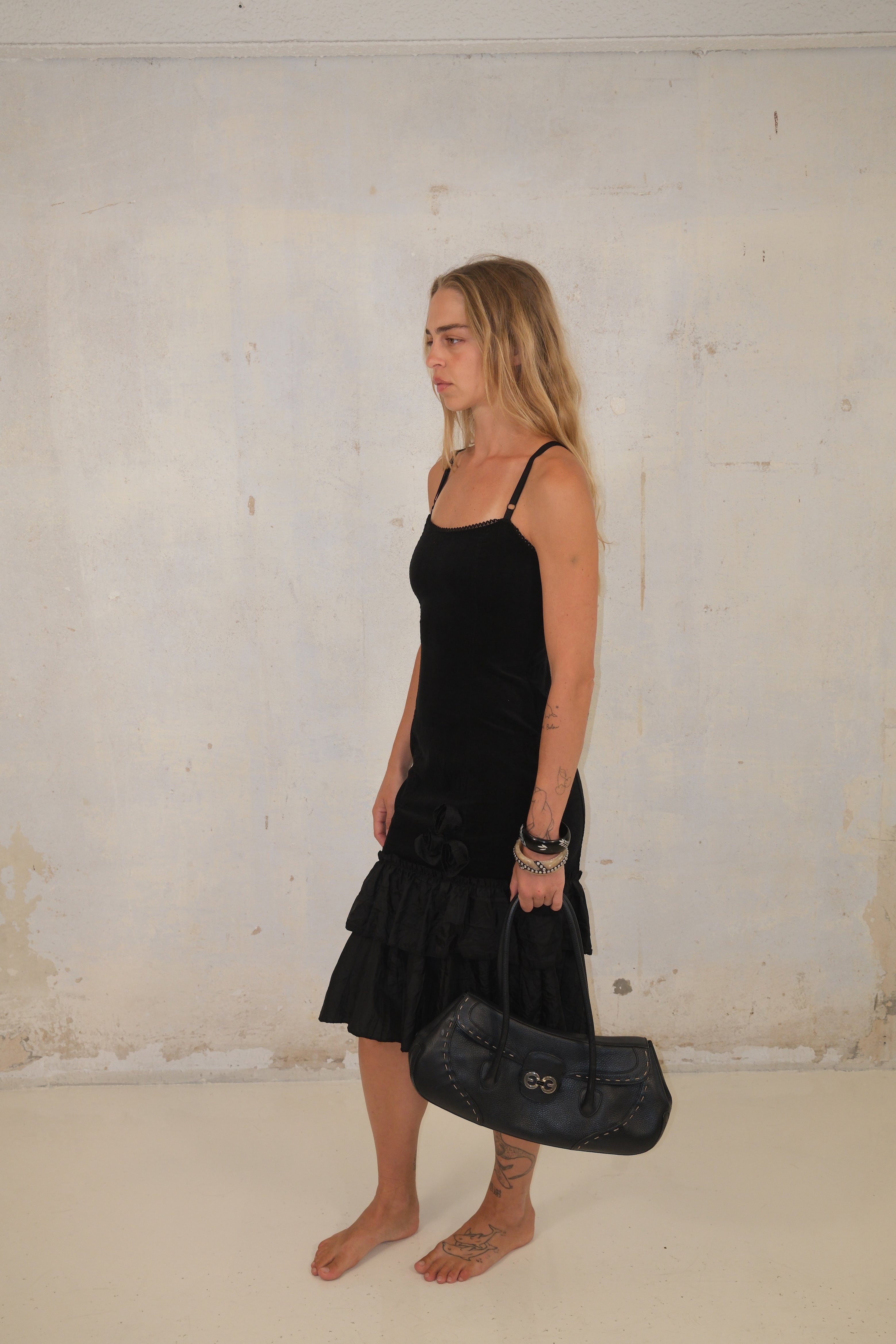 Black Velvet Dress With Ruffle And Floral Embroidery