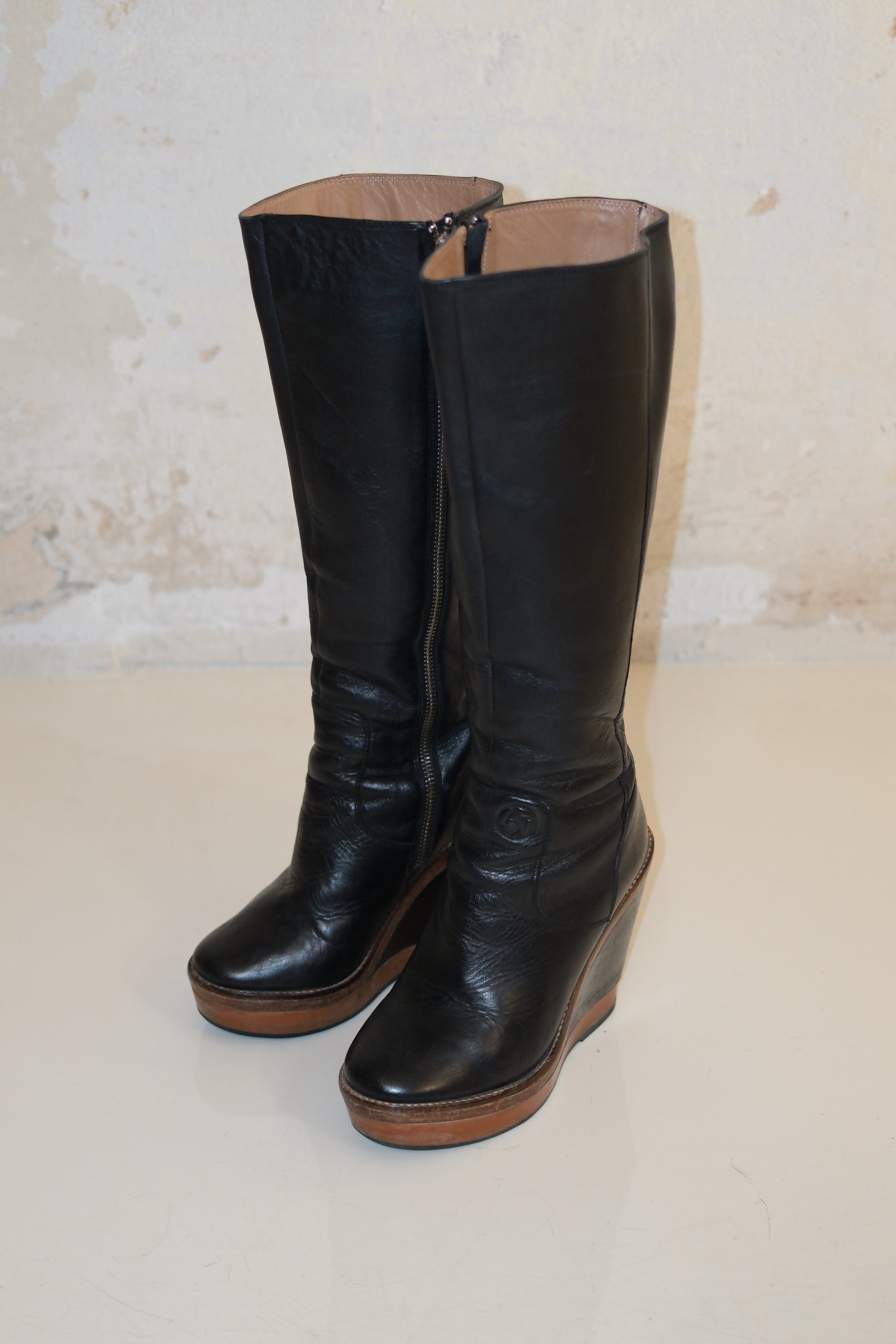 Armani Black Wedges Boots With Brown Accents Size 36