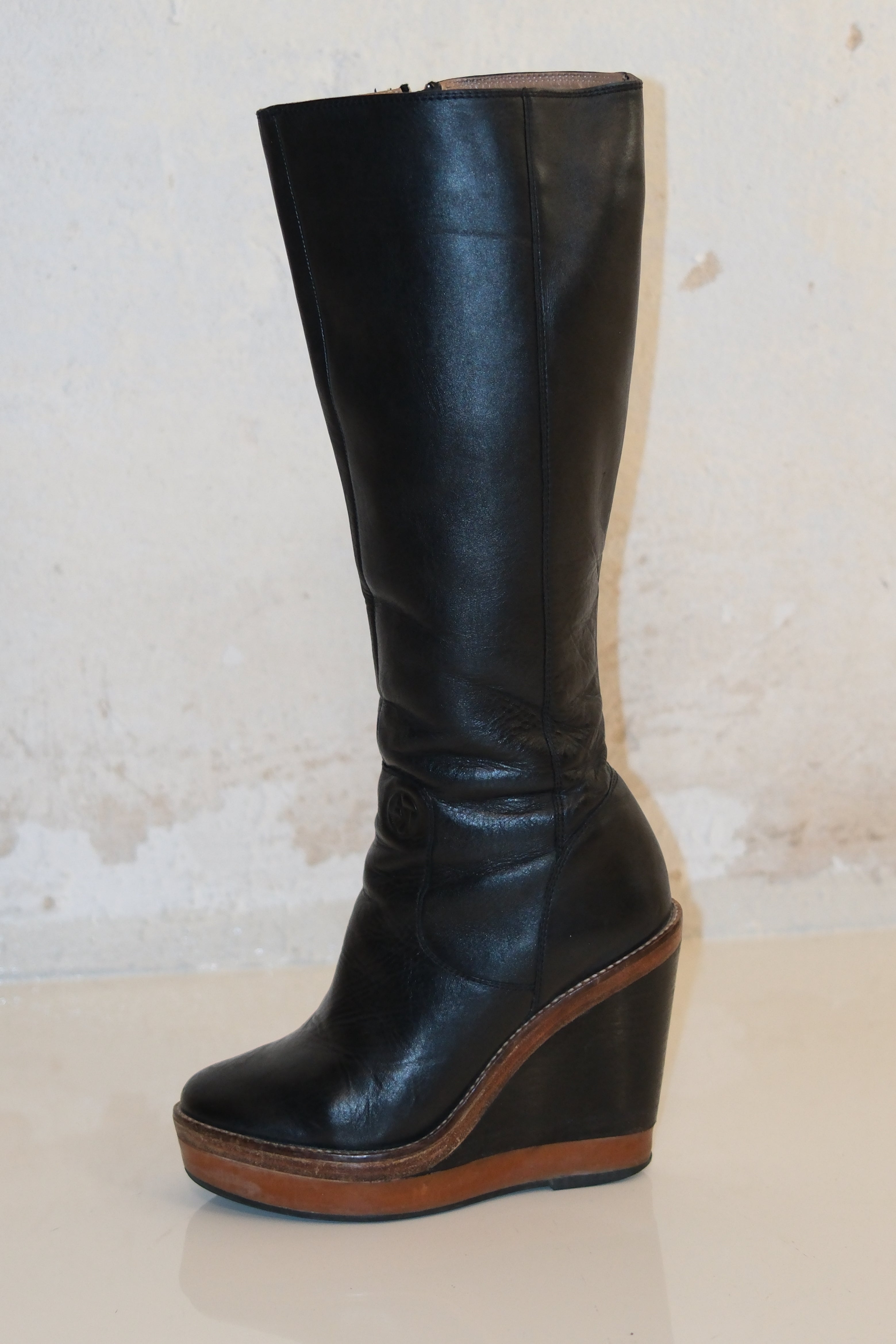 Armani Black Wedges Boots With Brown Accents Size 36
