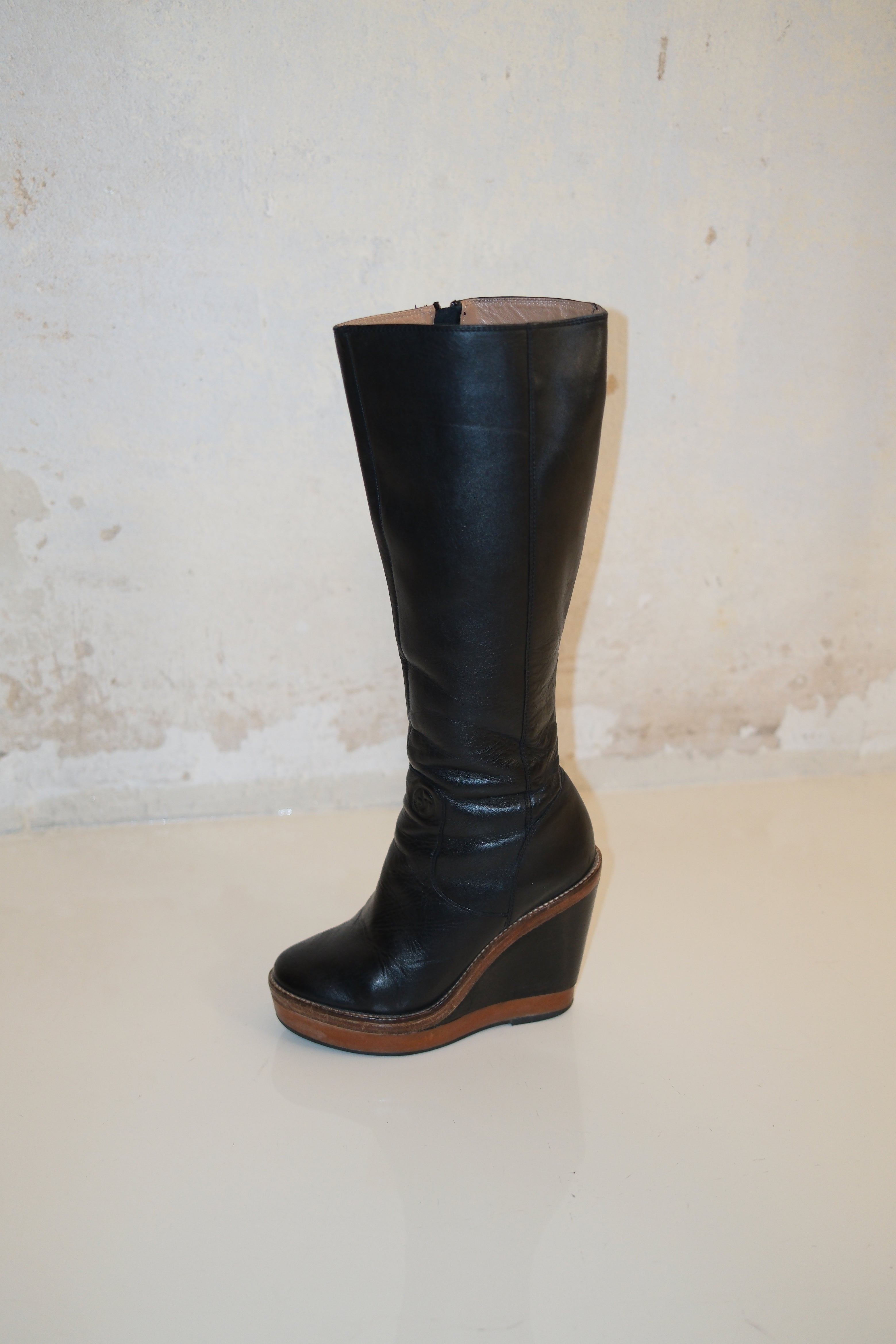 Armani Black Wedges Boots With Brown Accents Size 36