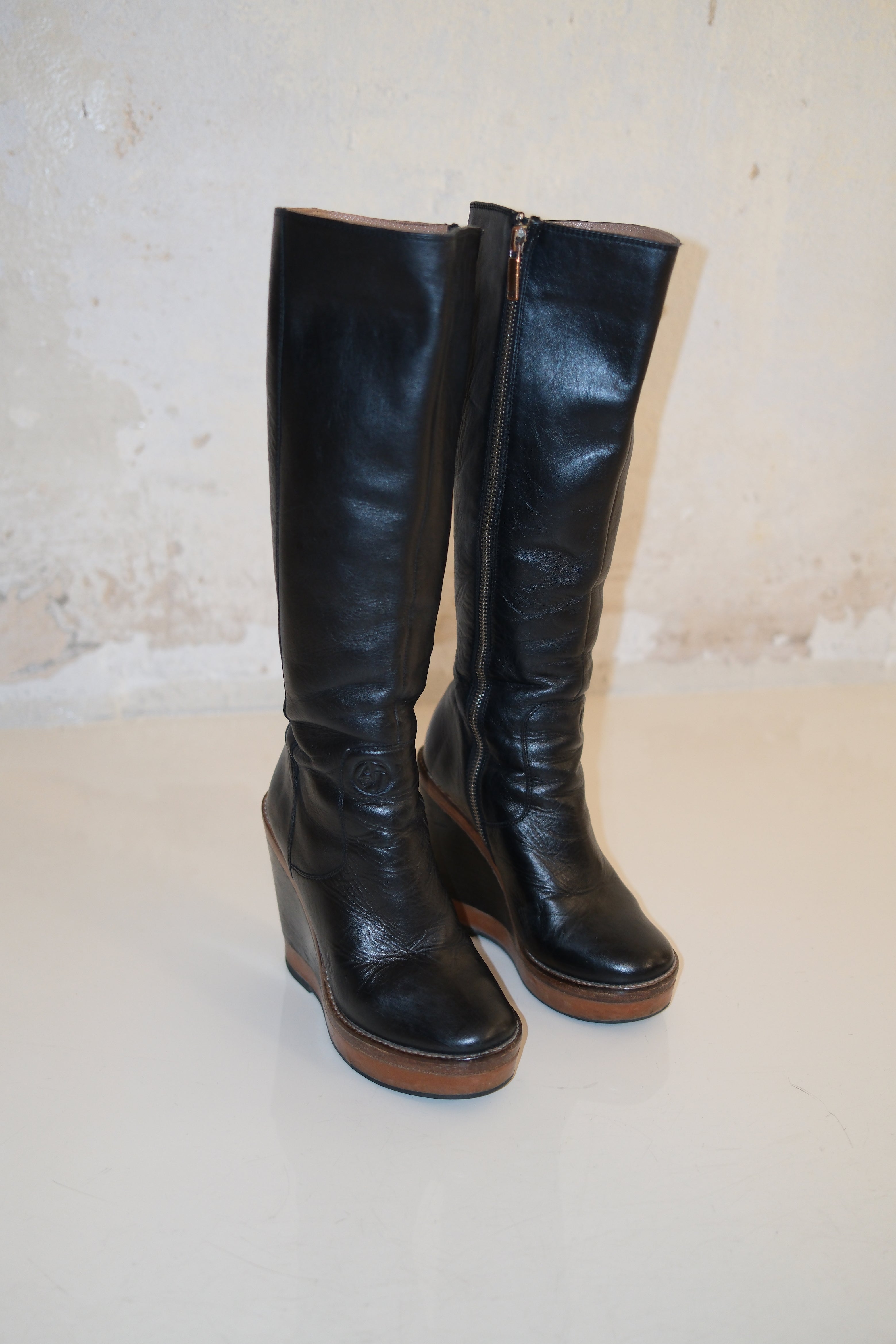 Armani Black Wedges Boots With Brown Accents Size 36