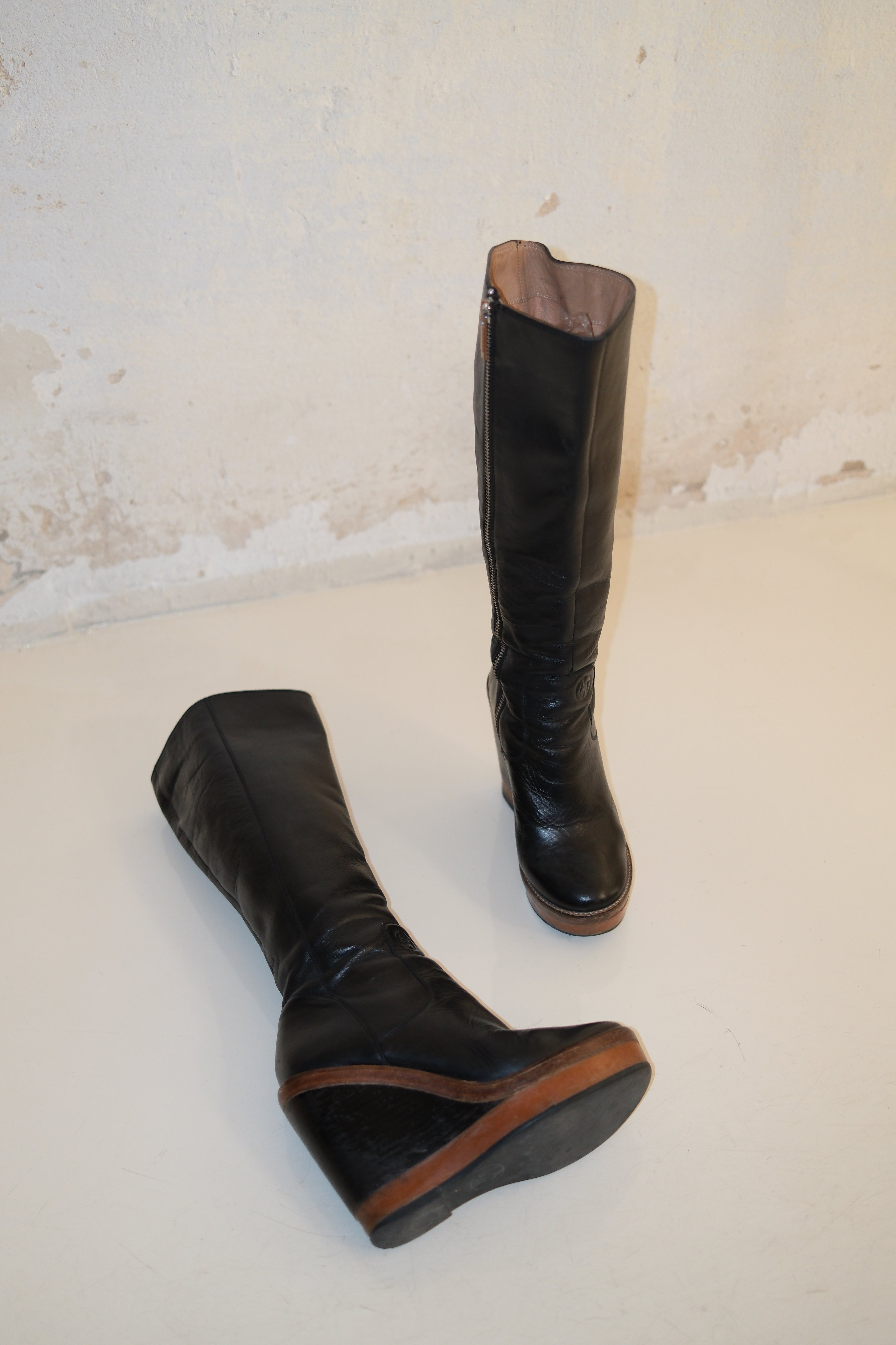 Armani Black Wedges Boots With Brown Accents Size 36