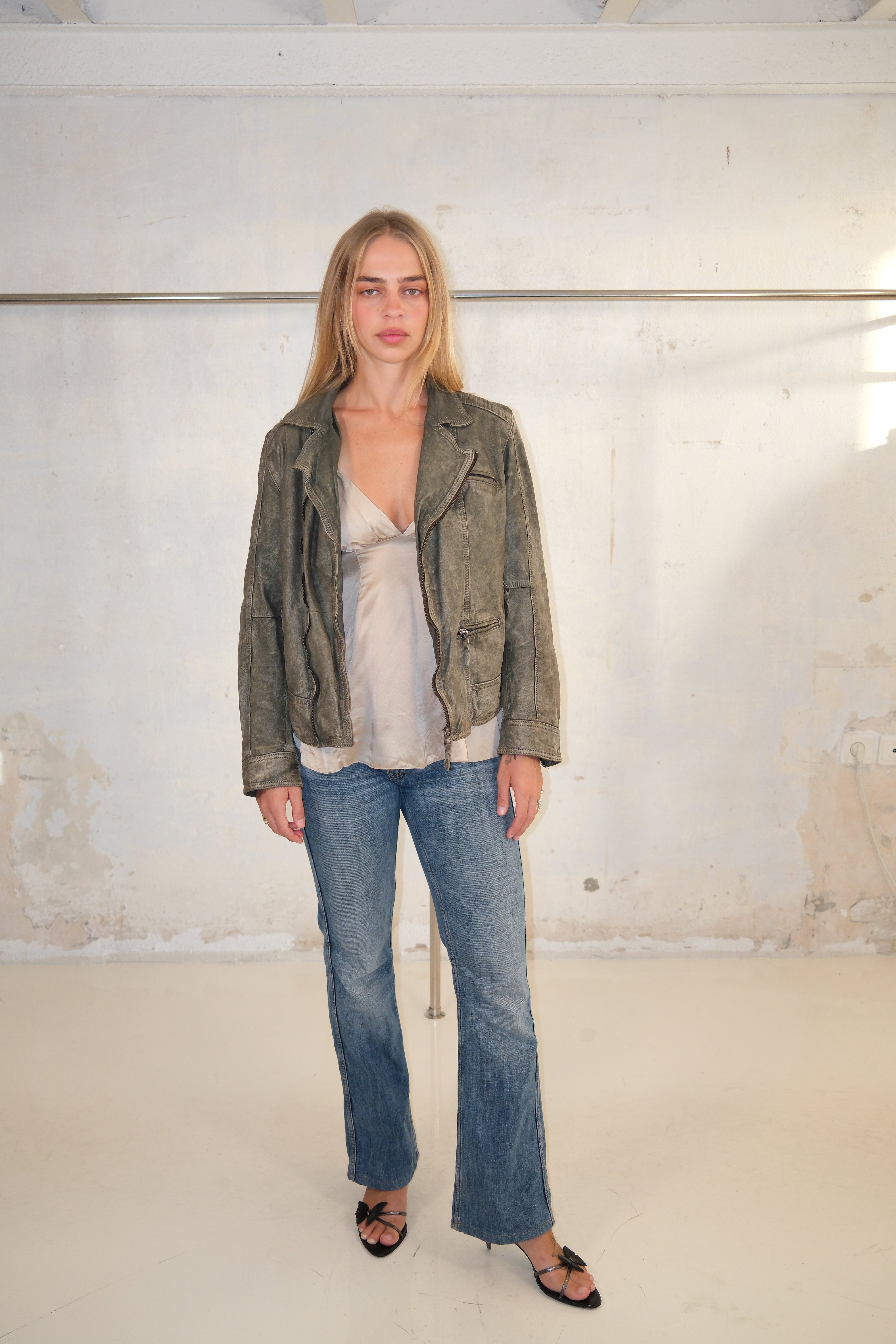 Leather Biker Jacket With Asymmetric Zipper In Washed Khaki