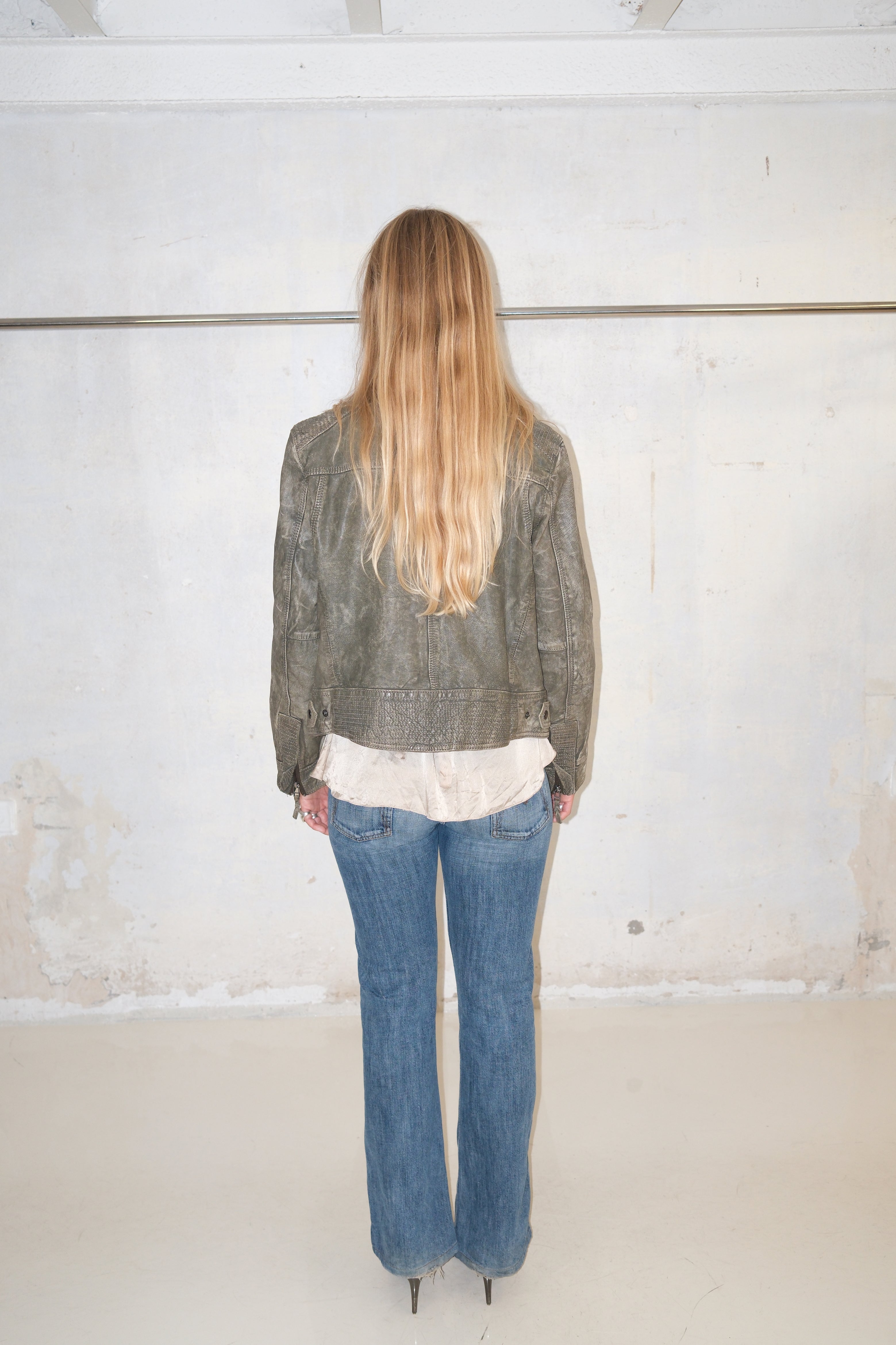 Leather Biker Jacket With Asymmetric Zipper In Washed Khaki