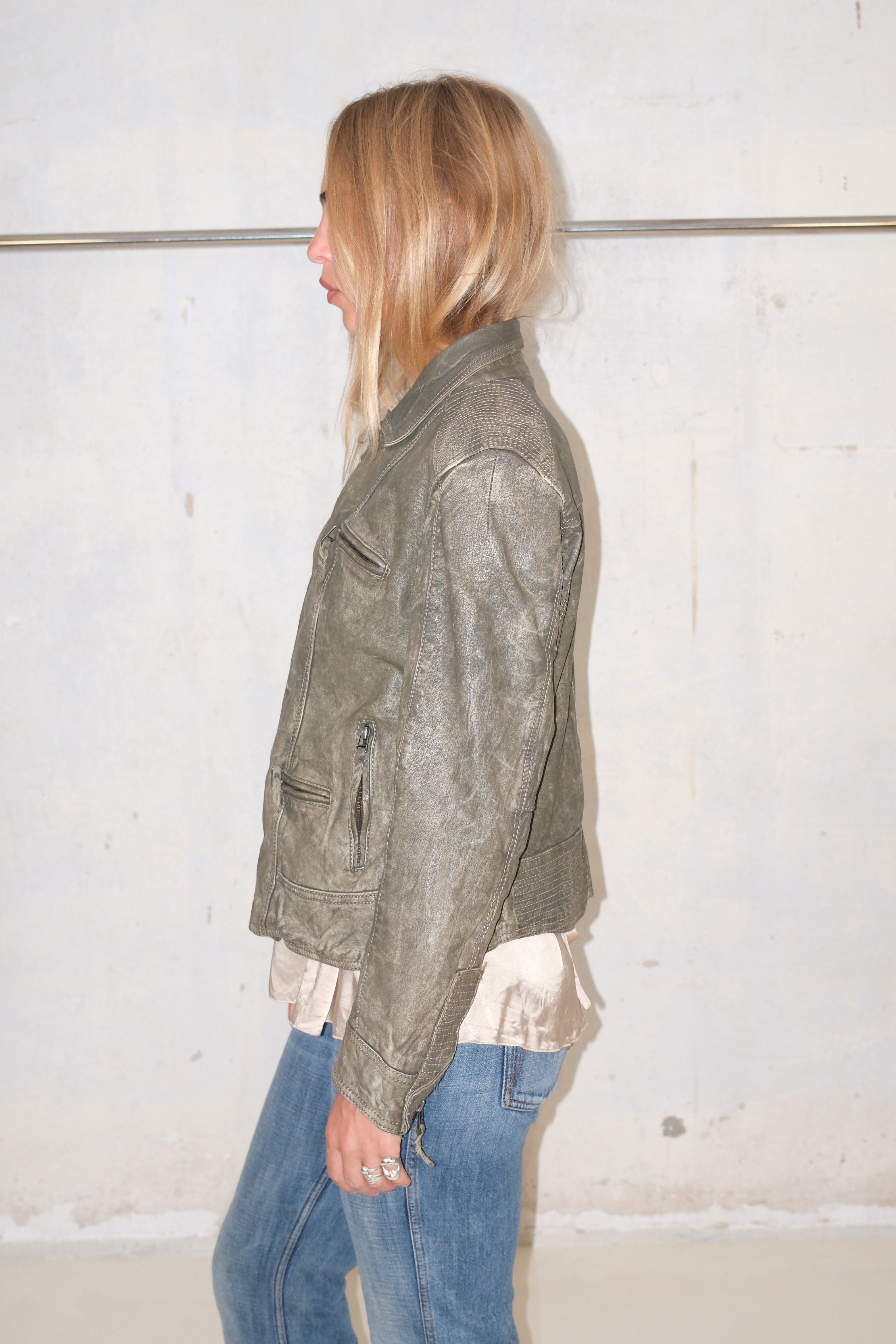 Leather Biker Jacket With Asymmetric Zipper In Washed Khaki