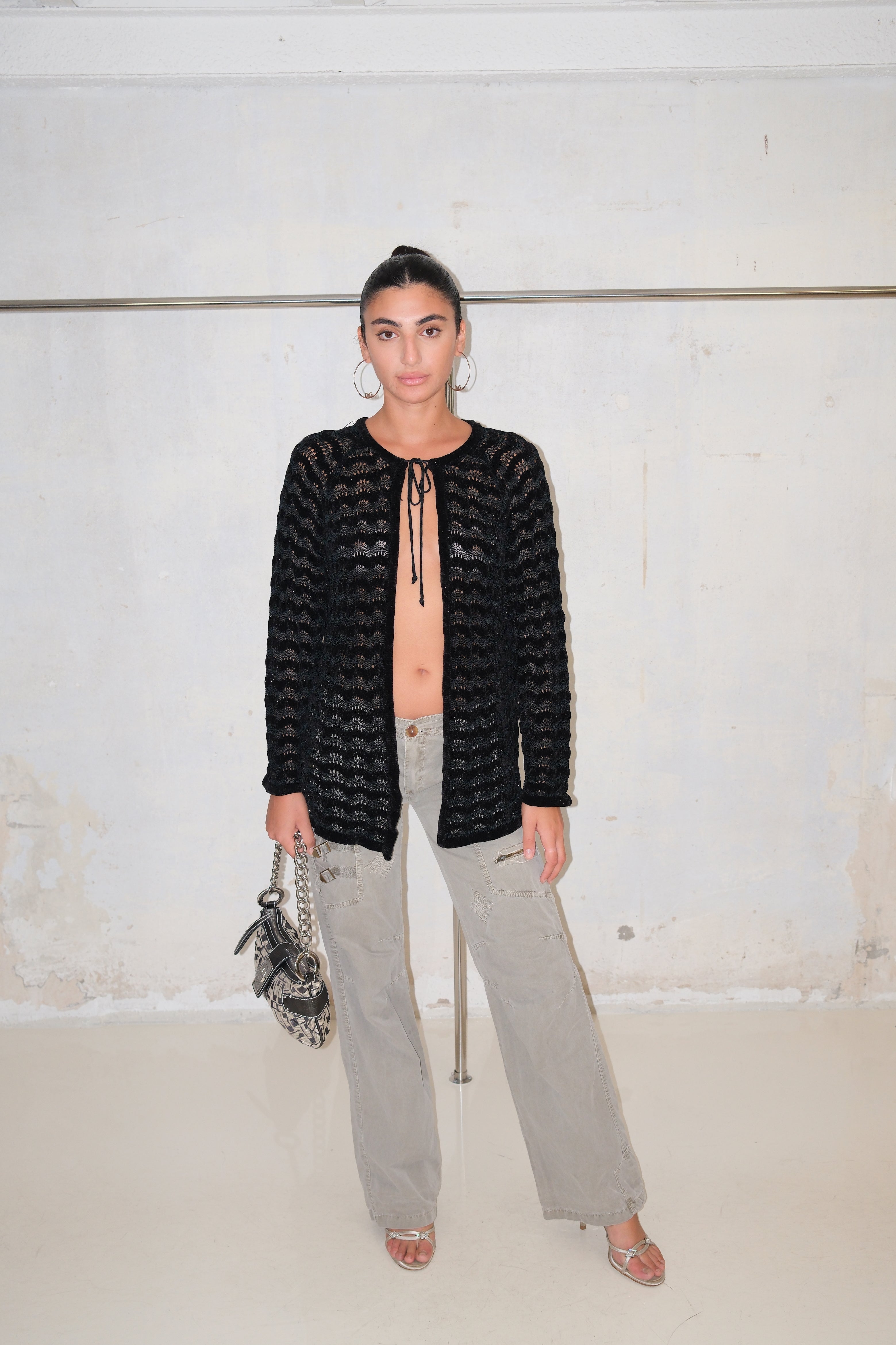 Black Crochet Tie-Front Top