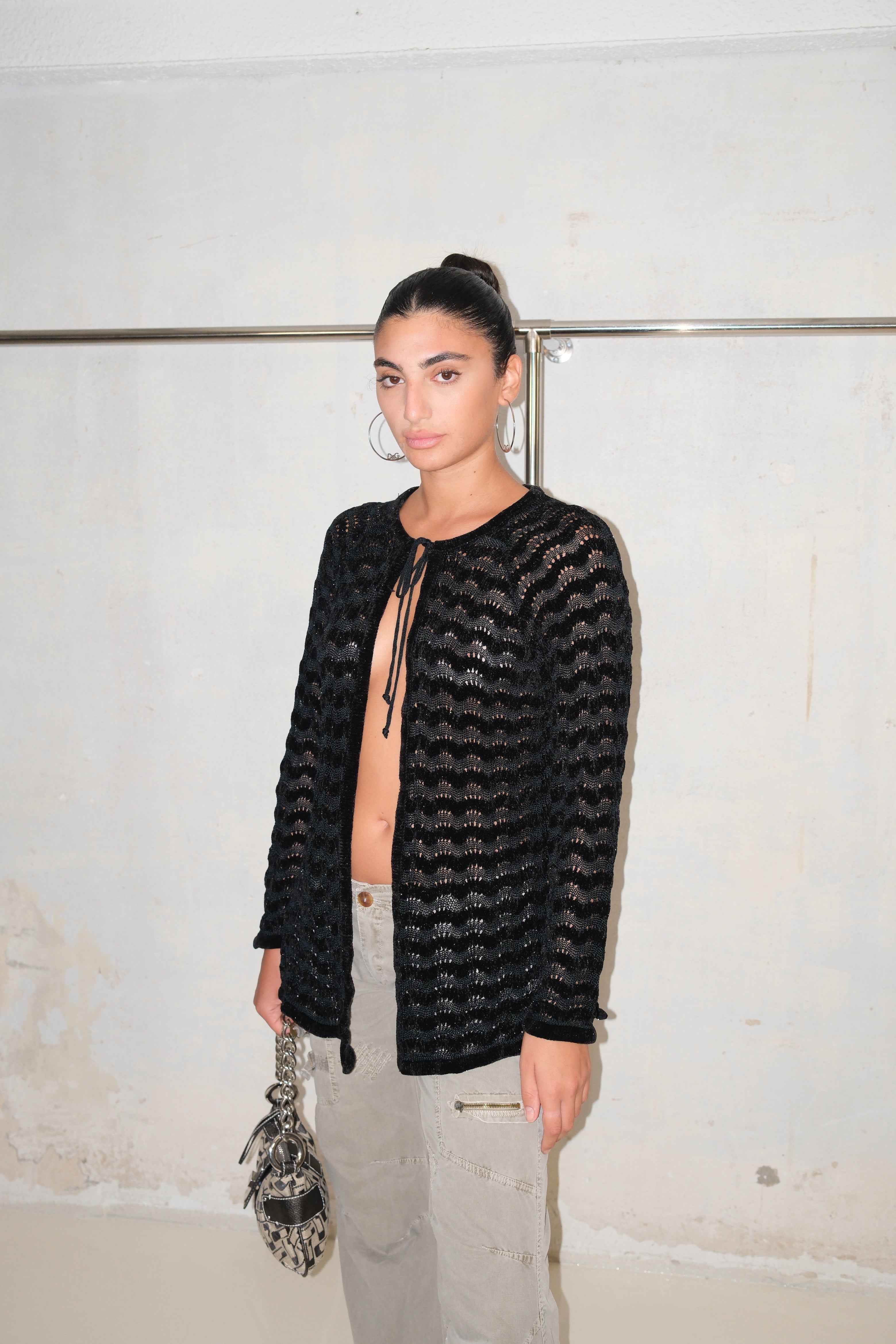 Black Crochet Tie-Front Top