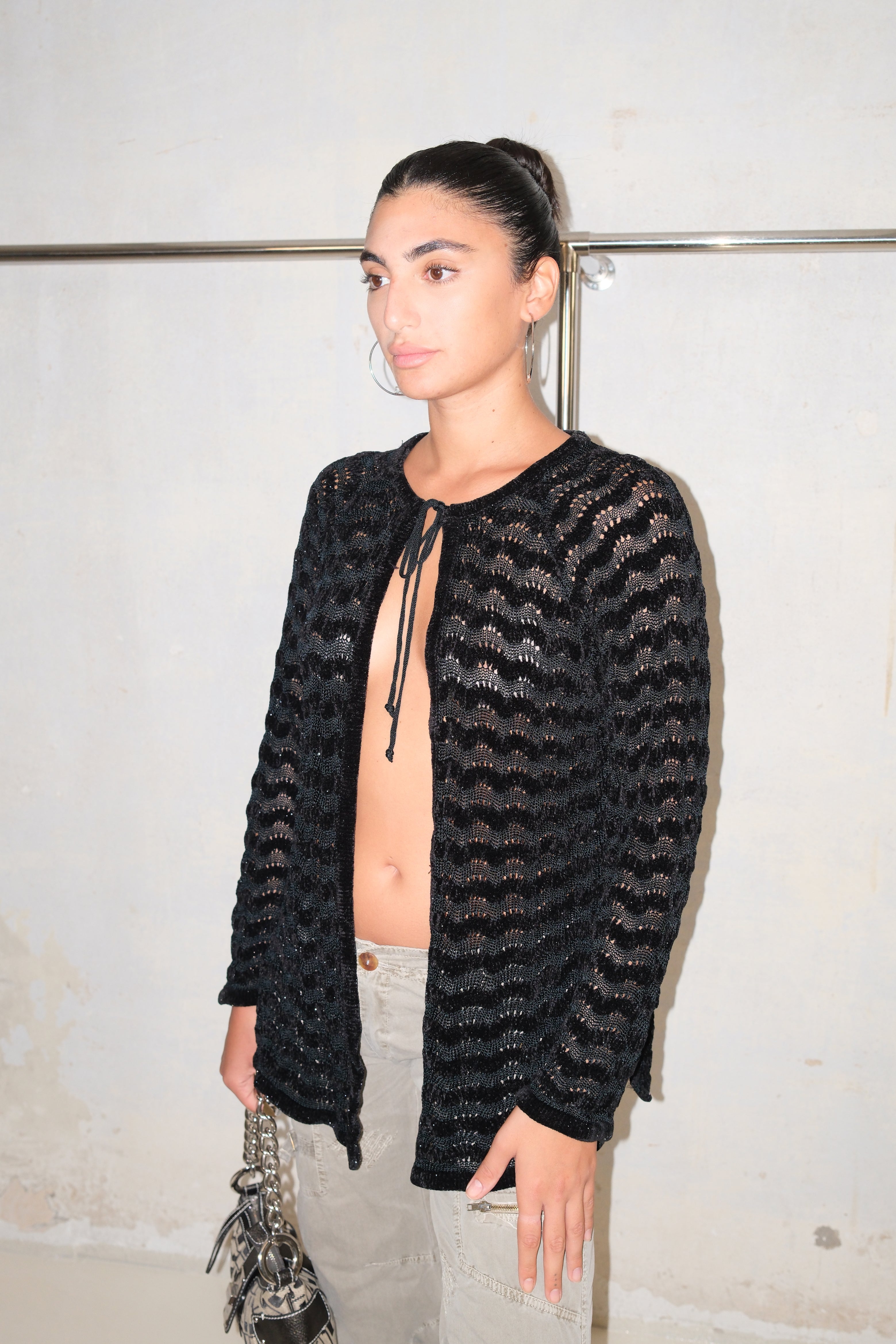 Black Crochet Tie-Front Top