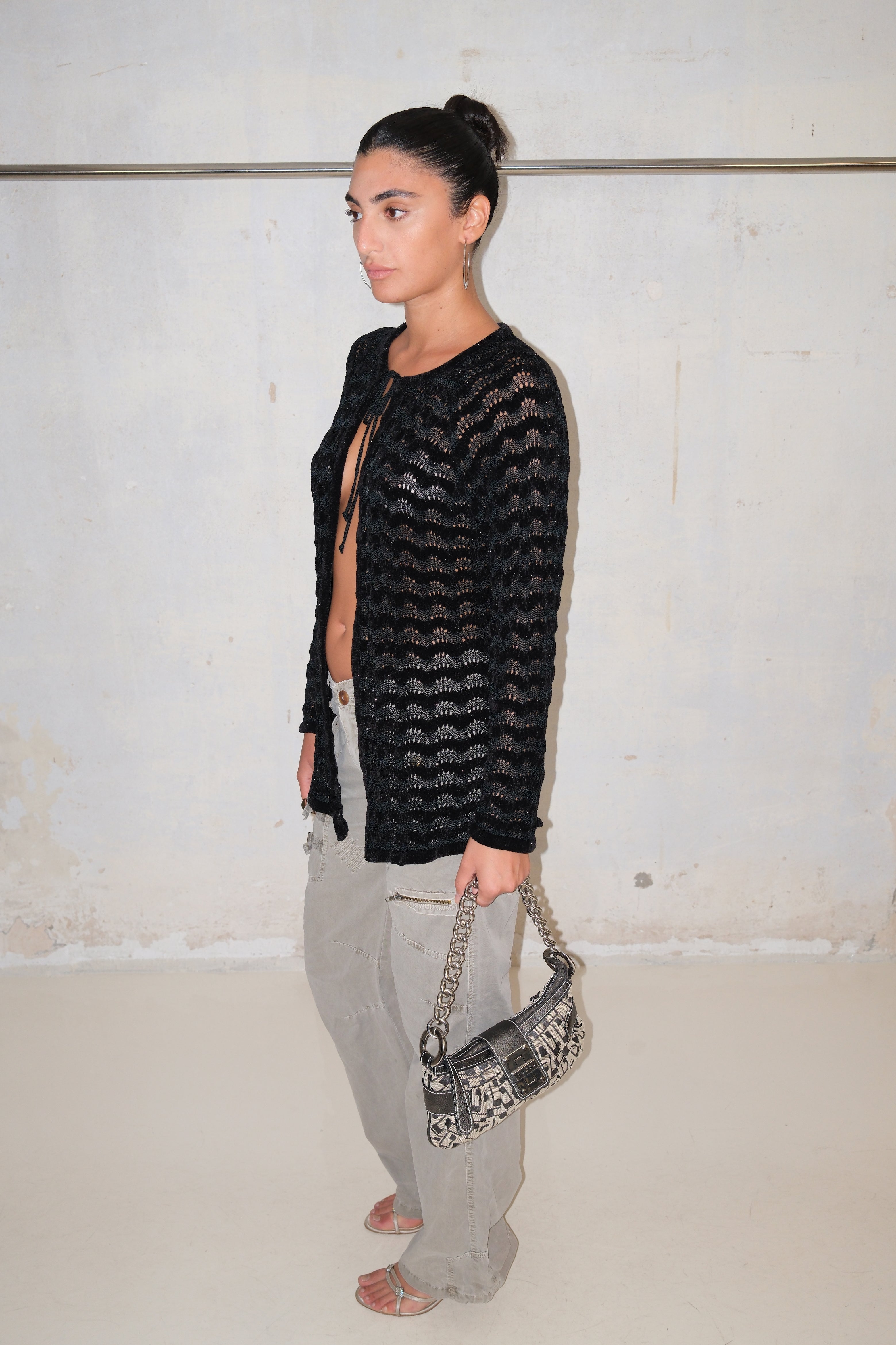 Black Crochet Tie-Front Top