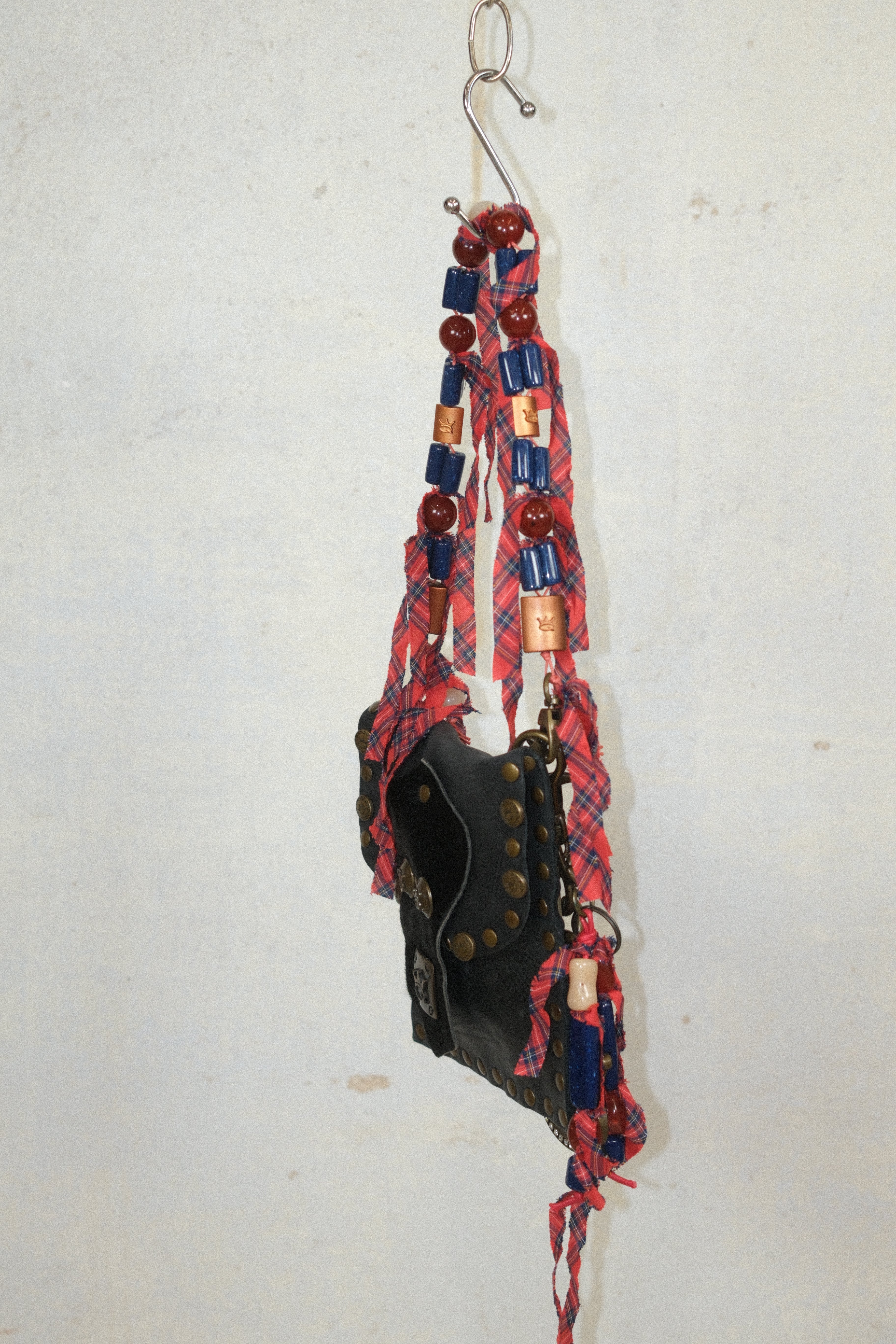 SAVE THE QUEEN DARK GRAY LEATHER BAG WITH BEADS CHARMS & STUDS