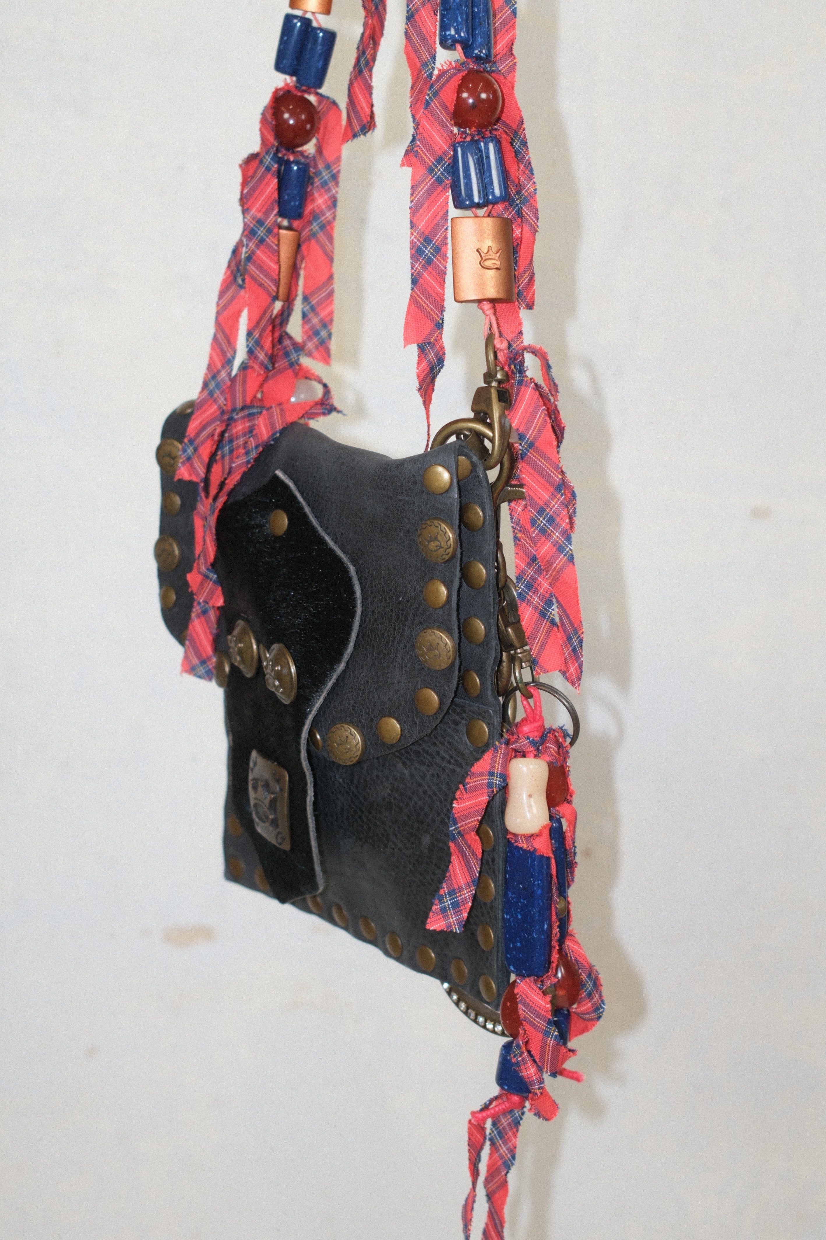 SAVE THE QUEEN DARK GRAY LEATHER BAG WITH BEADS CHARMS & STUDS